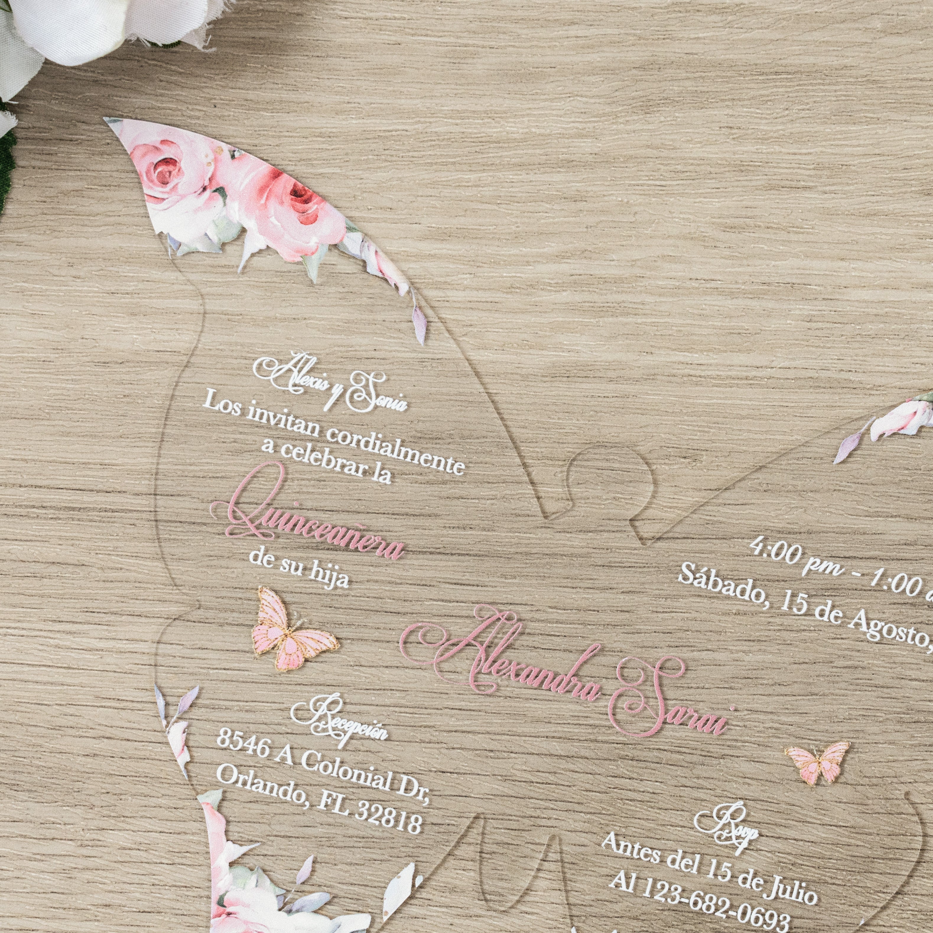 PONATIA 1mm/0.04" Dusty Rose Butterfly Clear Acrylic Quinceanera Invitation Card with Envelope