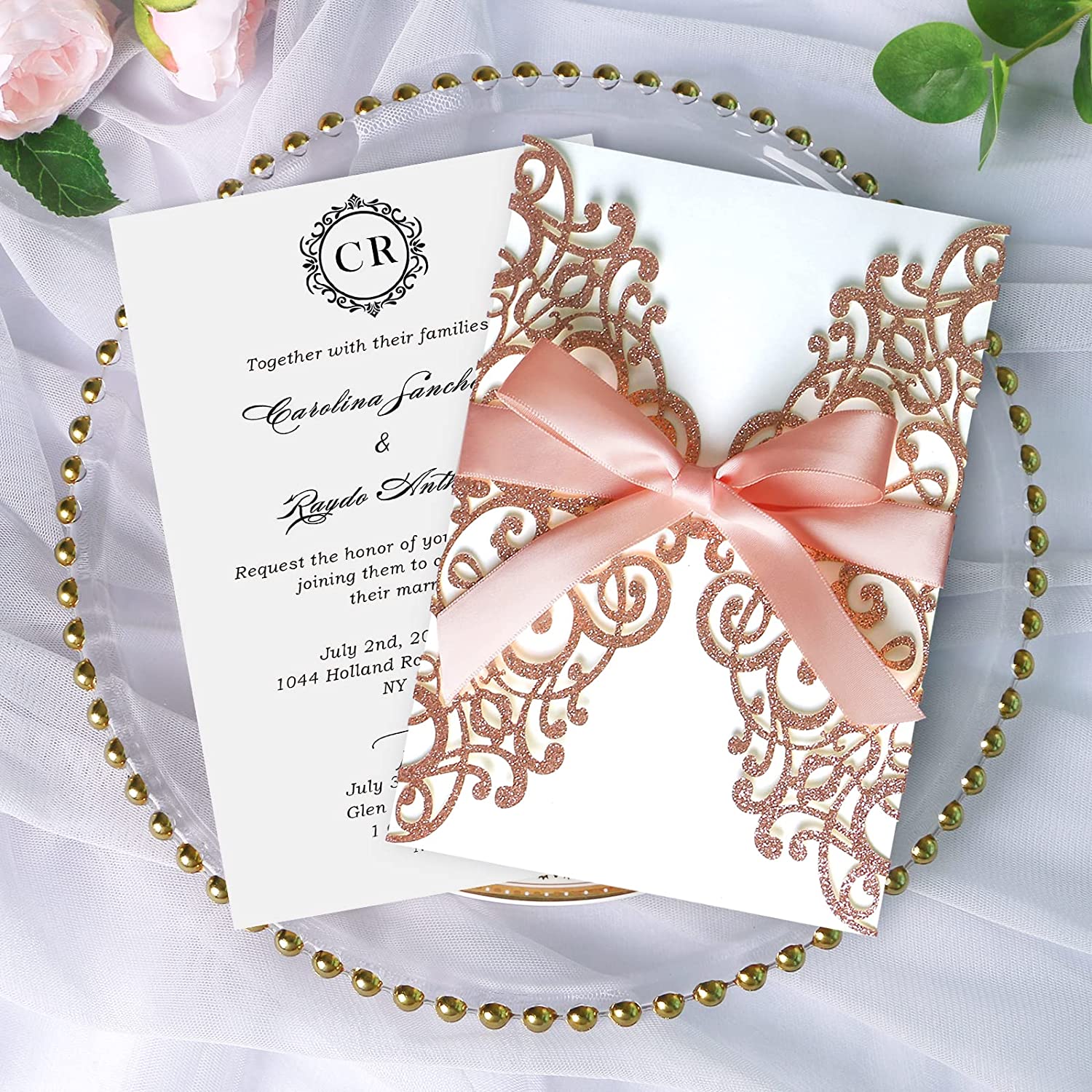 PONATIA Rose Glitter Laser Cut Wedding Invitations Cards with Blush Pink Bow-knot