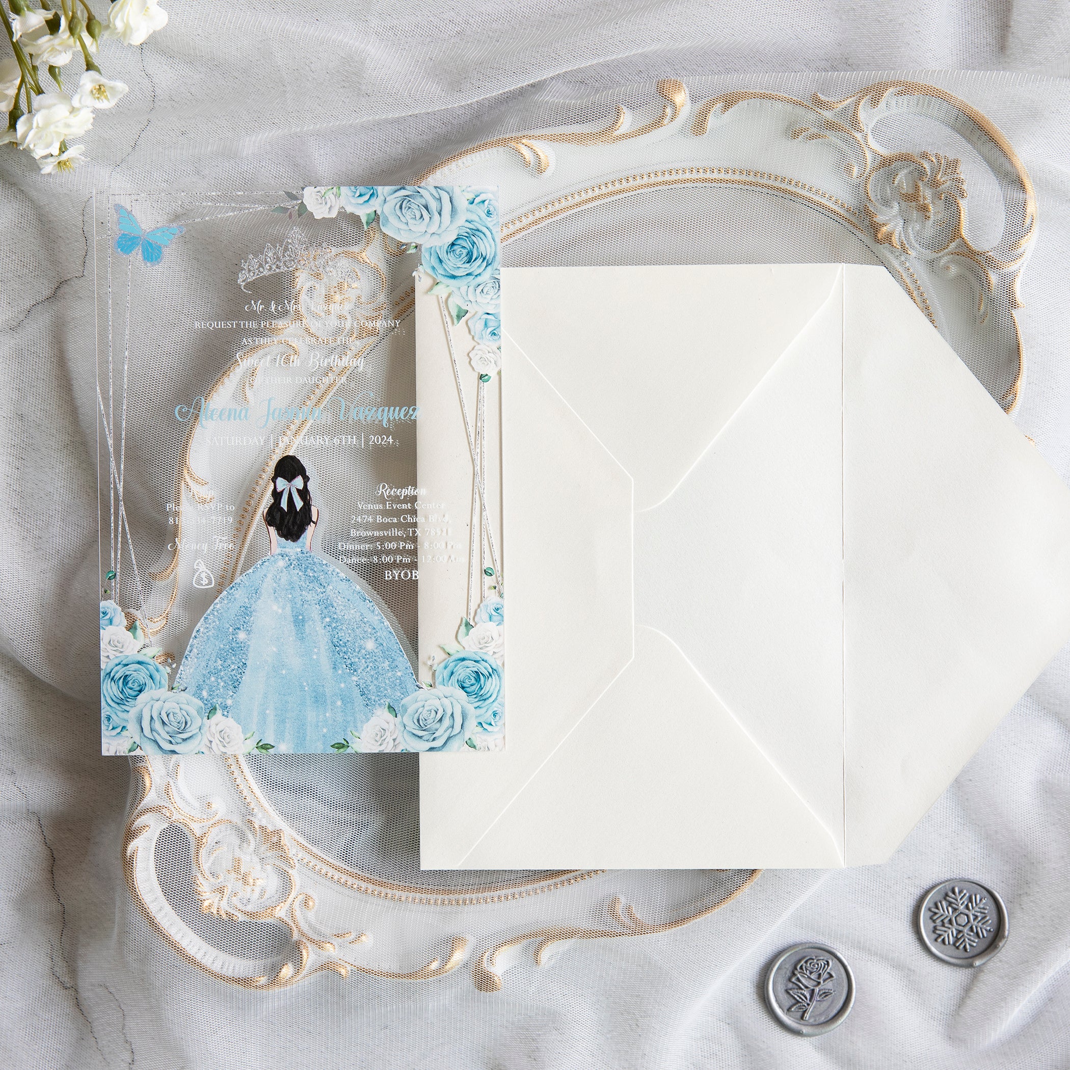 PONATIA 1mm/0.04" Light Blue Acrylic Quinceanera Invitation Cards with Envelopes