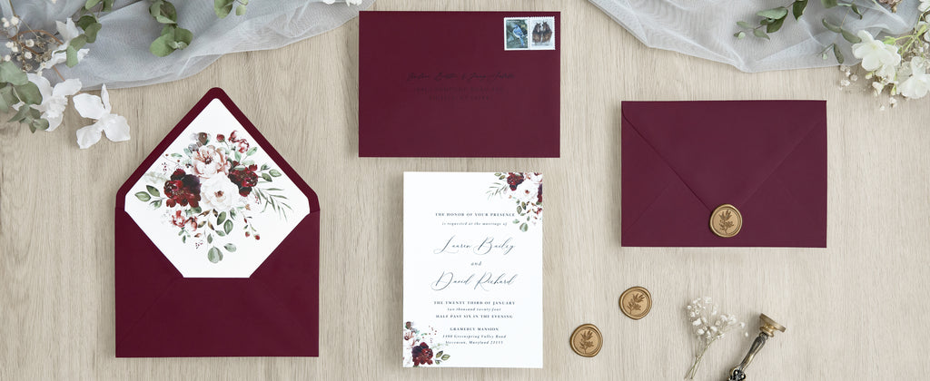 PONATIA 50 Pieces Burgundy Floral Liner Euro Flap Envelopes for  Wedding Invitation Card