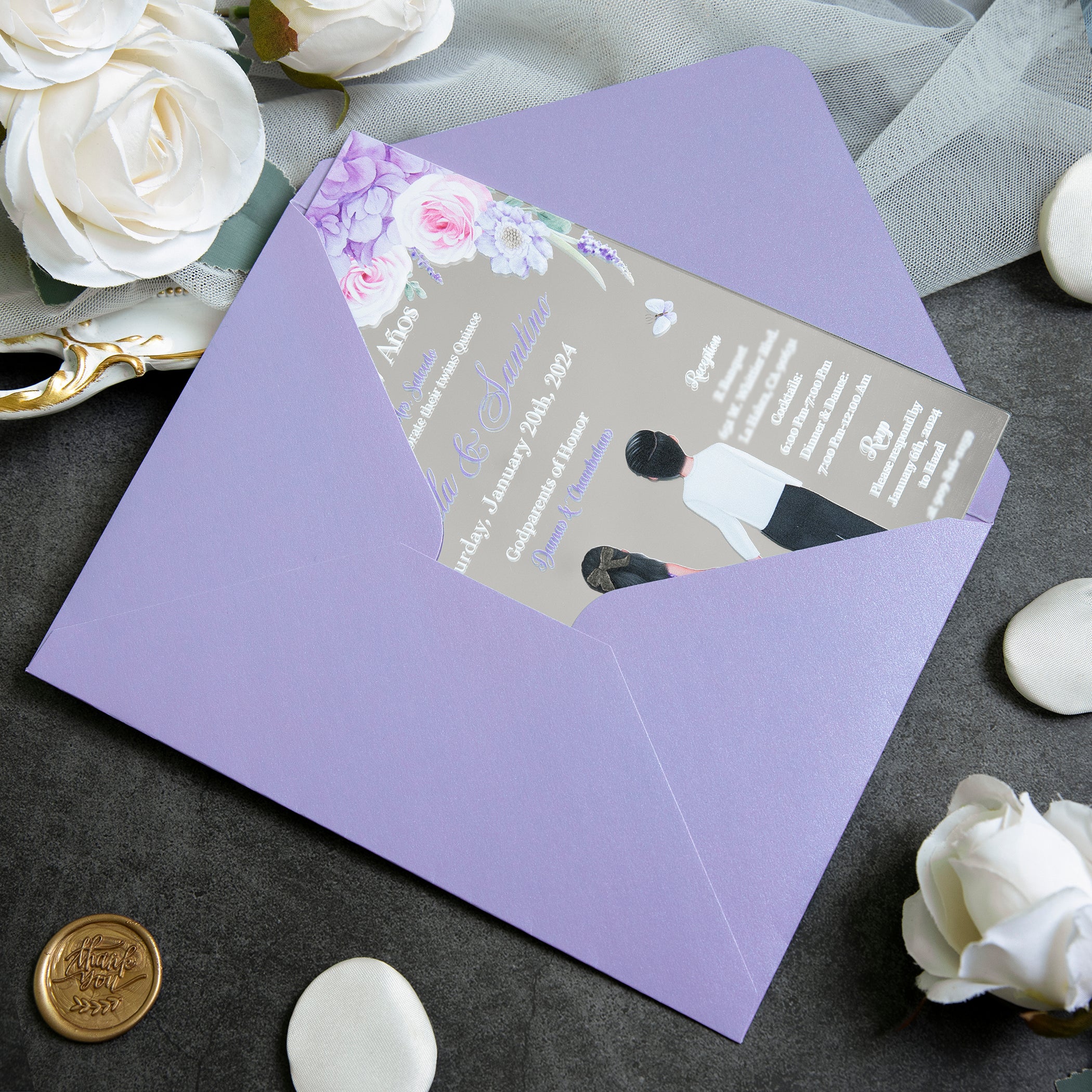 PONATIA Silver Mirror Wedding Invitation Cards with Lilac Envelope-2mm/0.7"