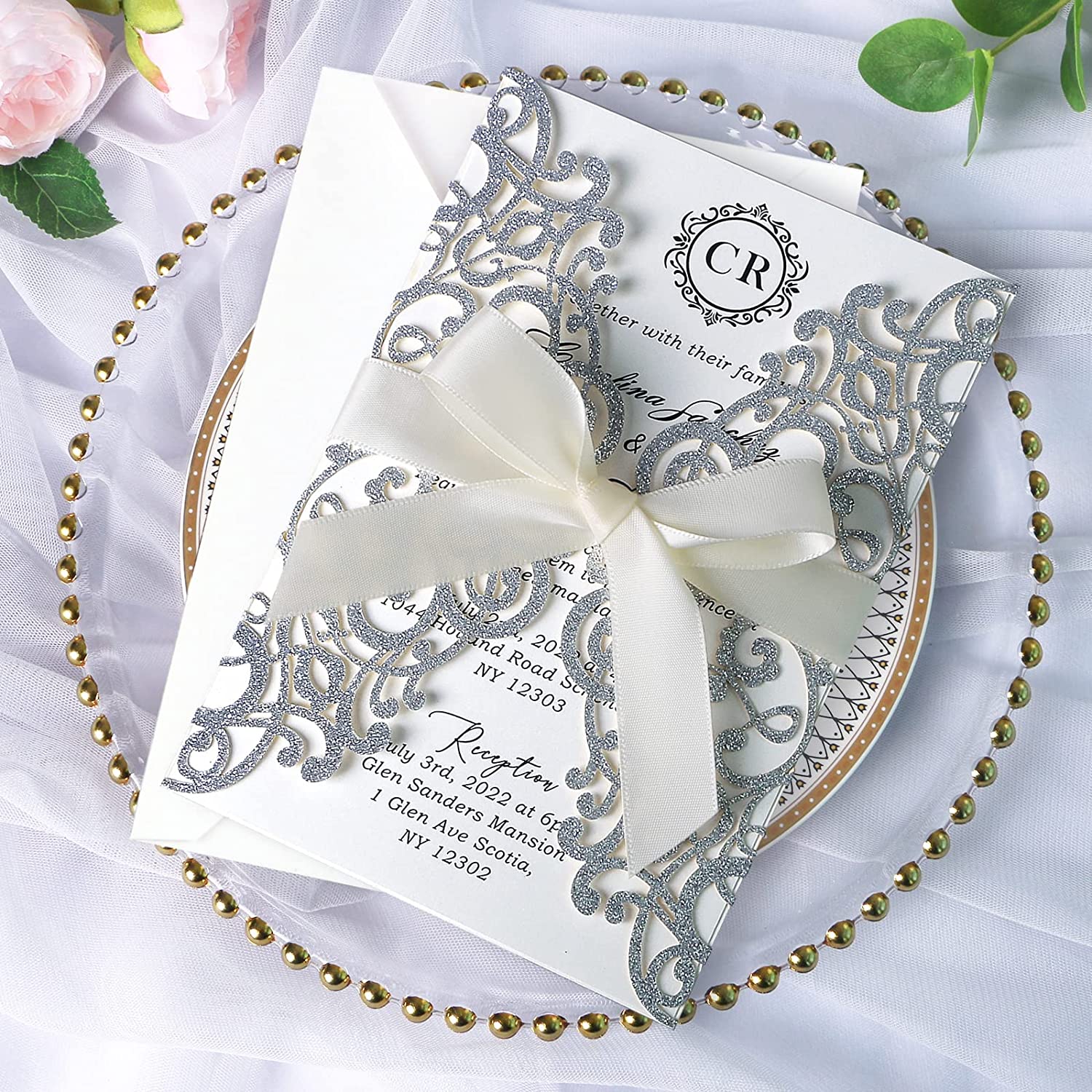 PONATIA Sliver Glitter Laser Cut Wedding Invitations Cards with Ivory Bow-knot