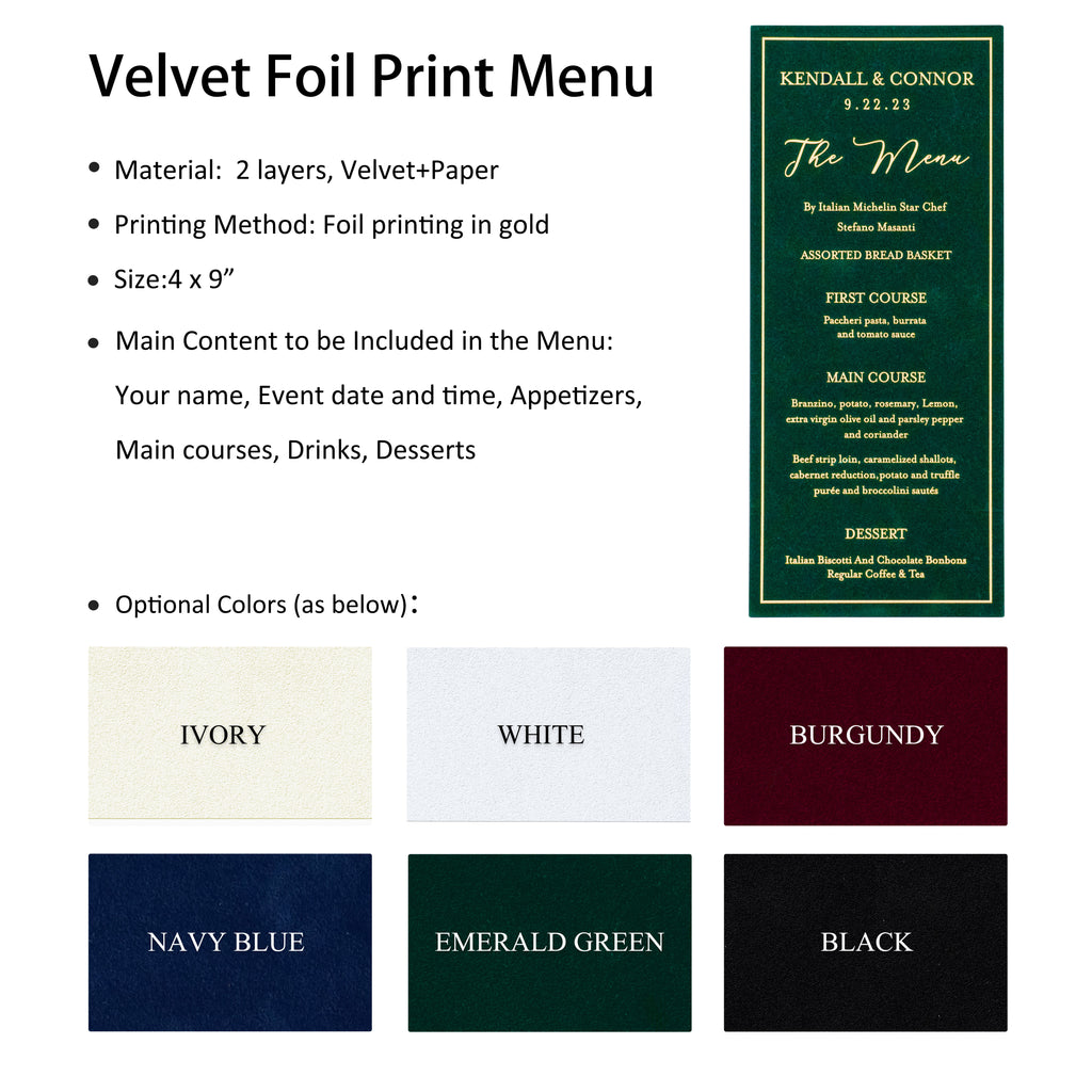 PONATIA Emerald Green Velvet Foil Print in Gold Wedding Menu