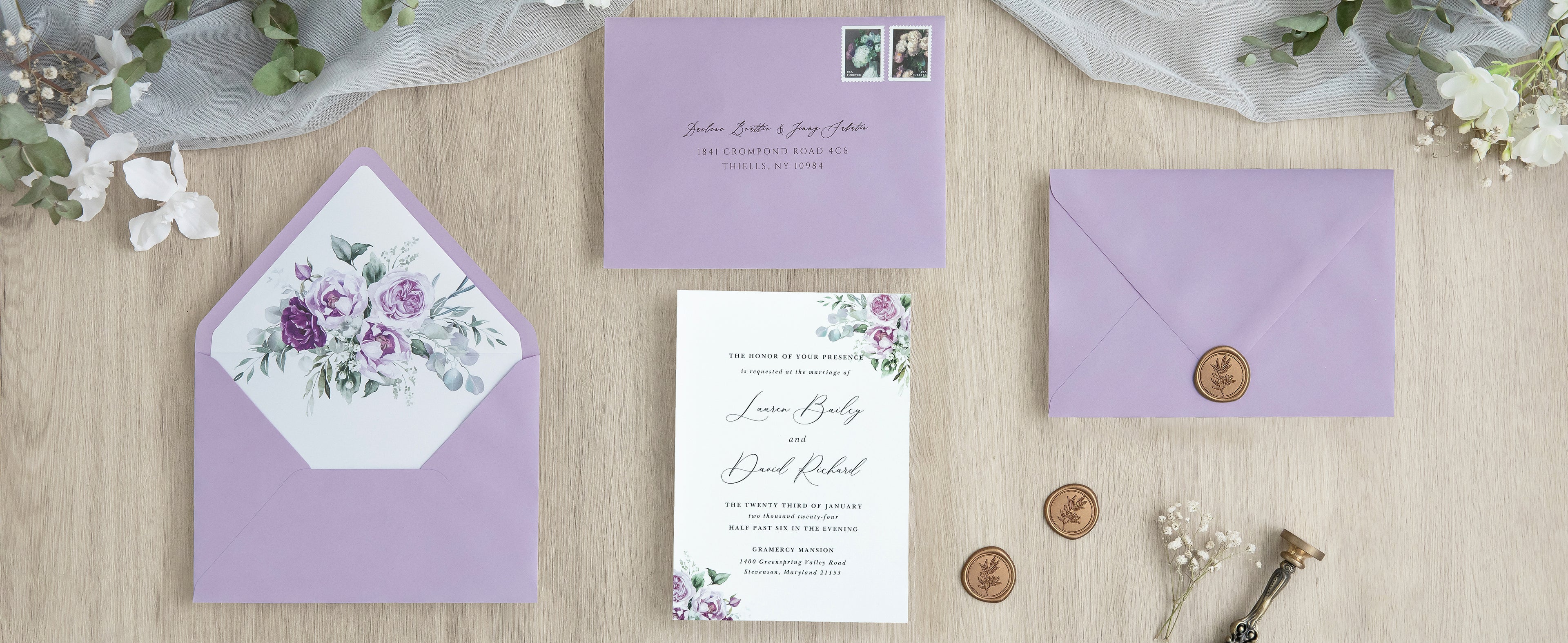 PONATIA 50 Pieces Shiny Lilac Floral Liner Euro Flap Envelopes for  Wedding Invitation Card