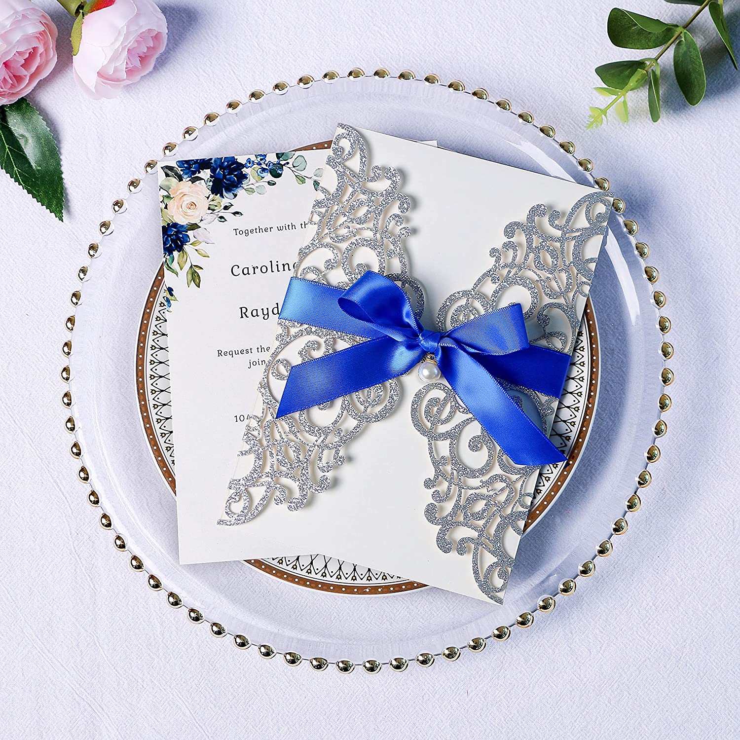 PONATIA Sliver Glitter Laser Cut Wedding Invitations Cards with Royal Blue Bow-knot