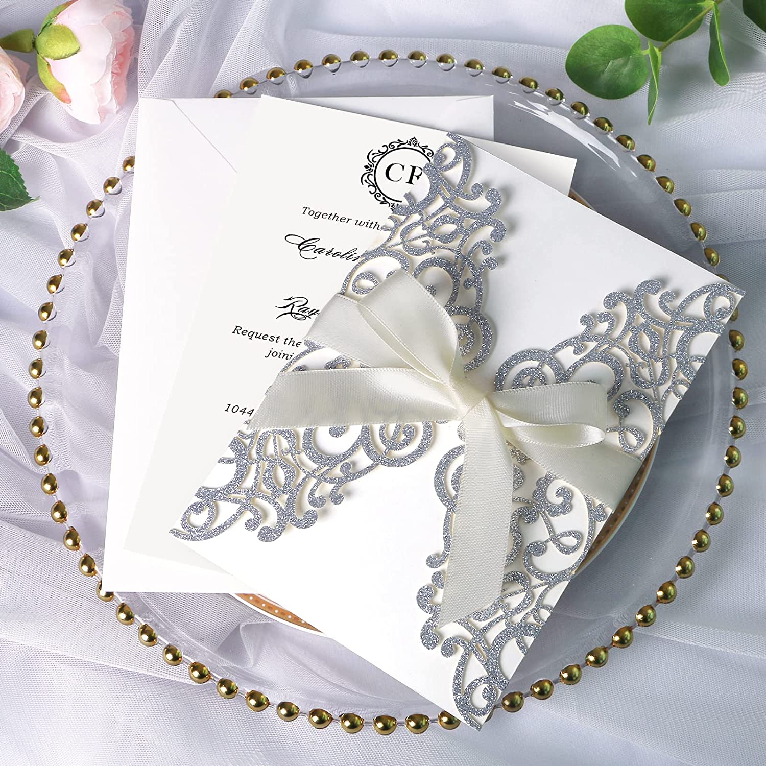 PONATIA Sliver Glitter Laser Cut Wedding Invitations Cards with Ivory Bow-knot