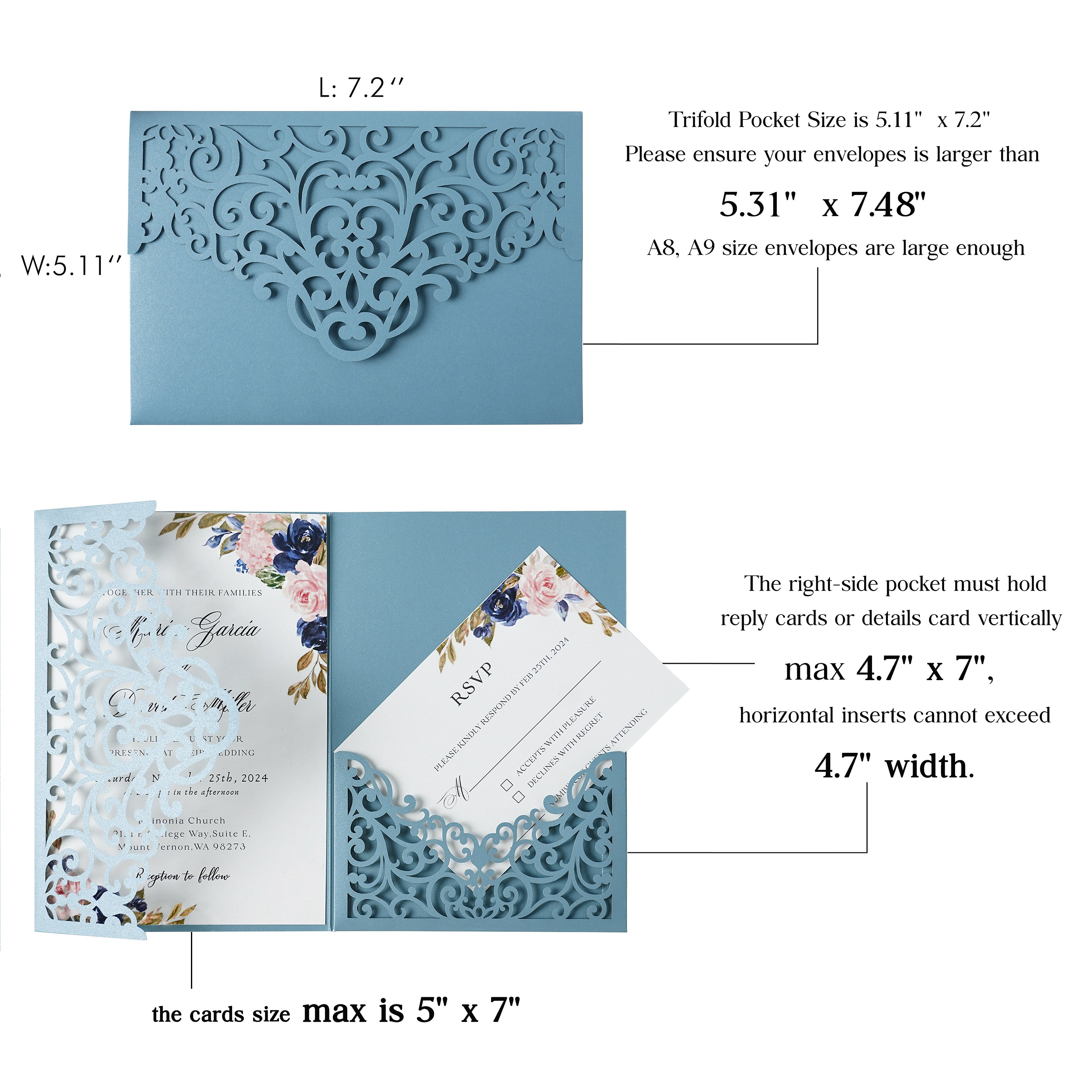 PONATIA  20PCS Dusty Blue Laser Cut Wedding Invitations Pockets