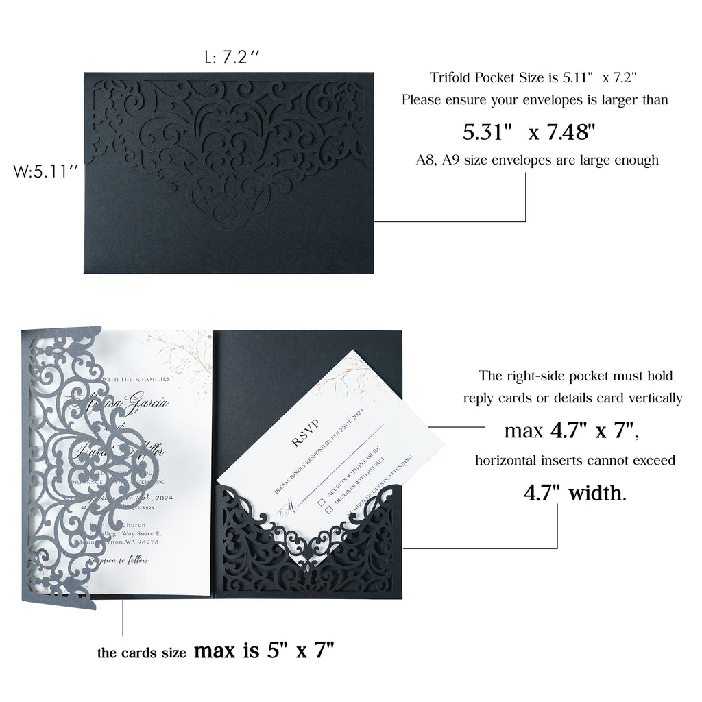 PONATIA  20PCS Black Laser Cut Wedding Invitations Pockets