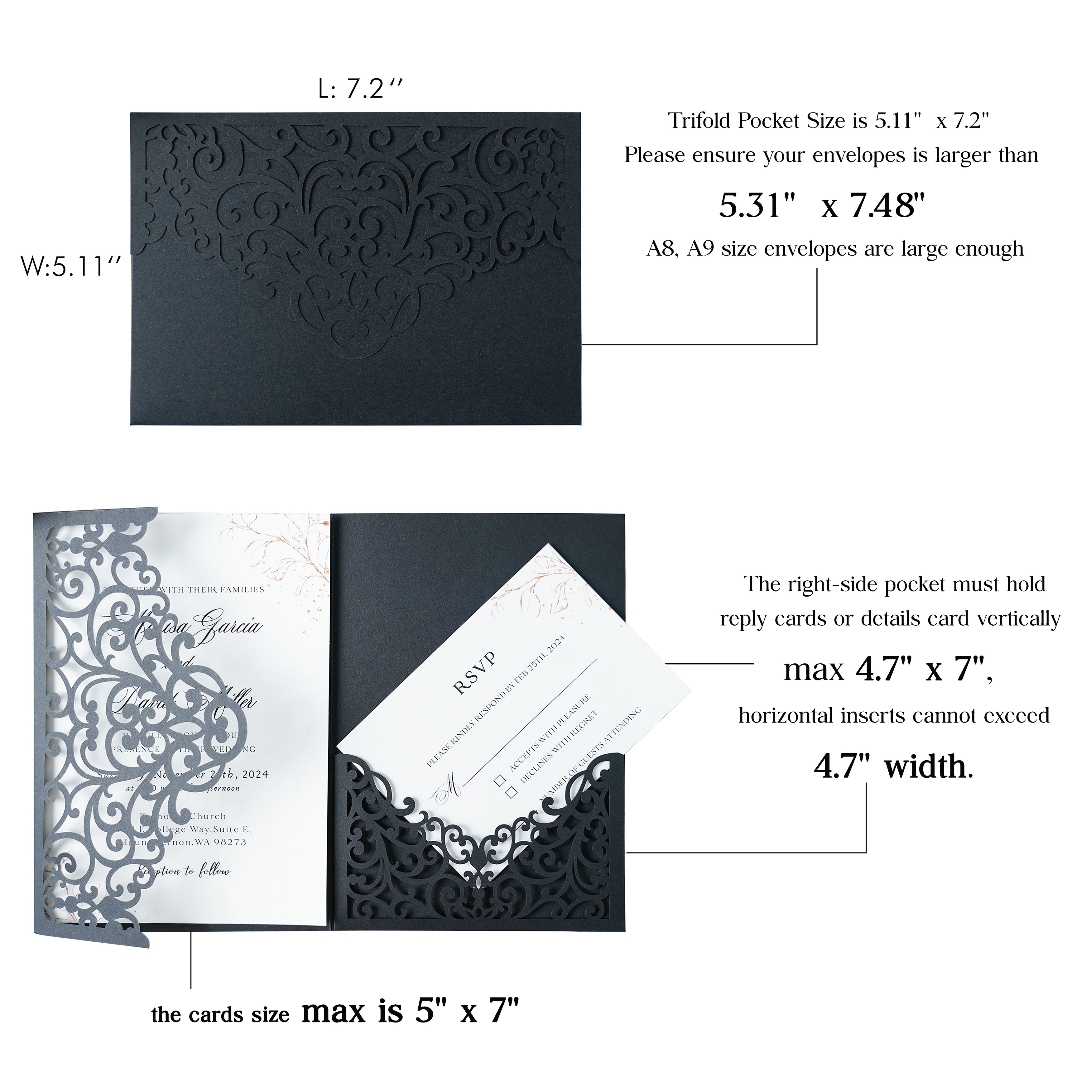 PONATIA  20PCS Black Laser Cut Wedding Invitations Pockets
