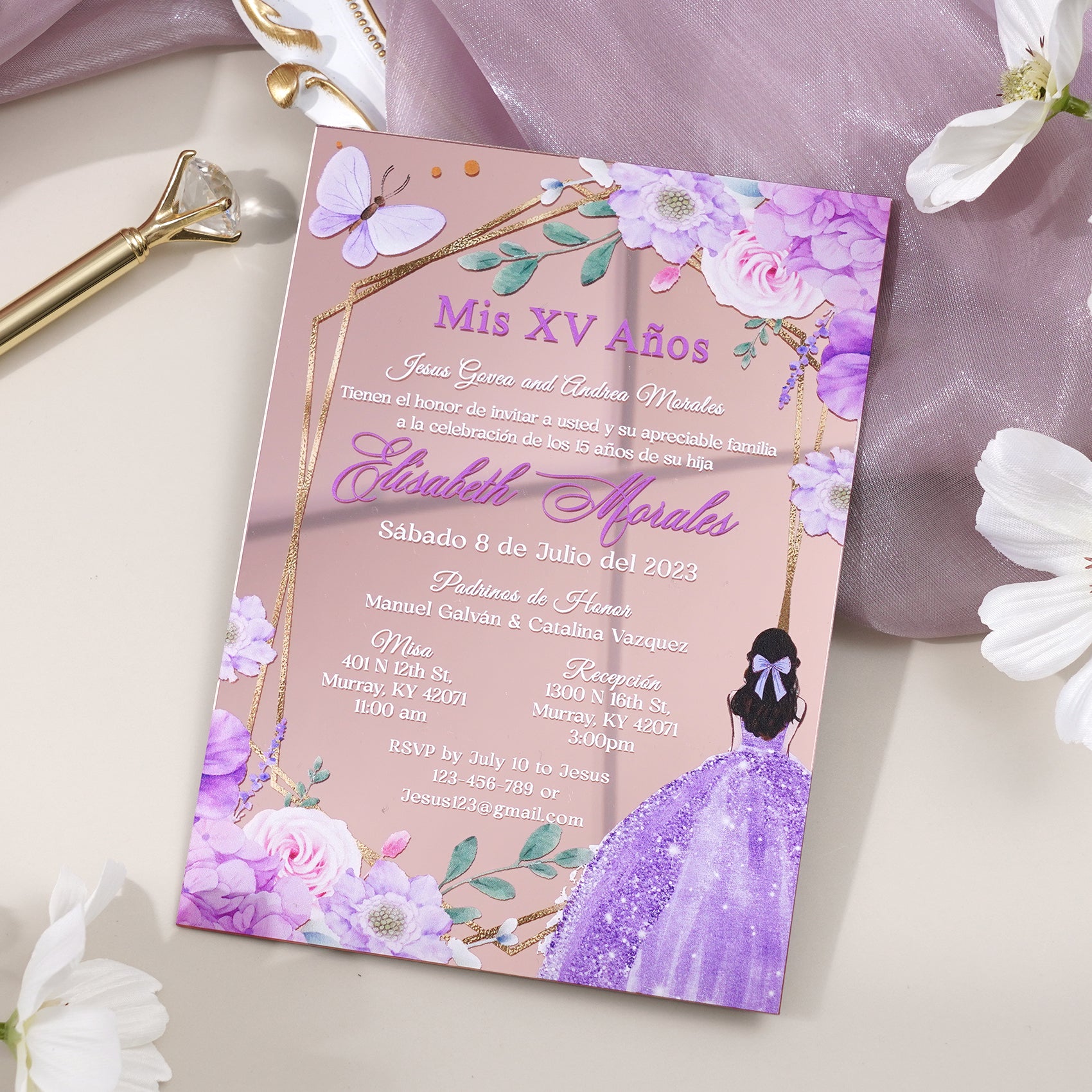 PONATIA XV Años Invitations, Rose Gold Mirror Quinceañera Invitation Cards with Envelope-2mm/0.7"