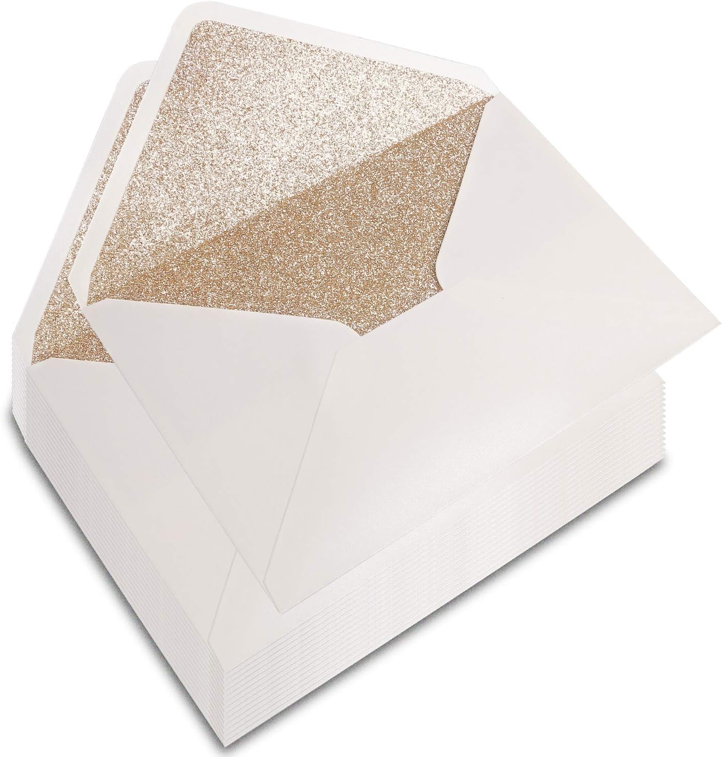 PONATIA 50 Pcs A7 Shiny Ivory & Gold Glitter Liner Envelopes for 5x7 Weddings Invitation Cards