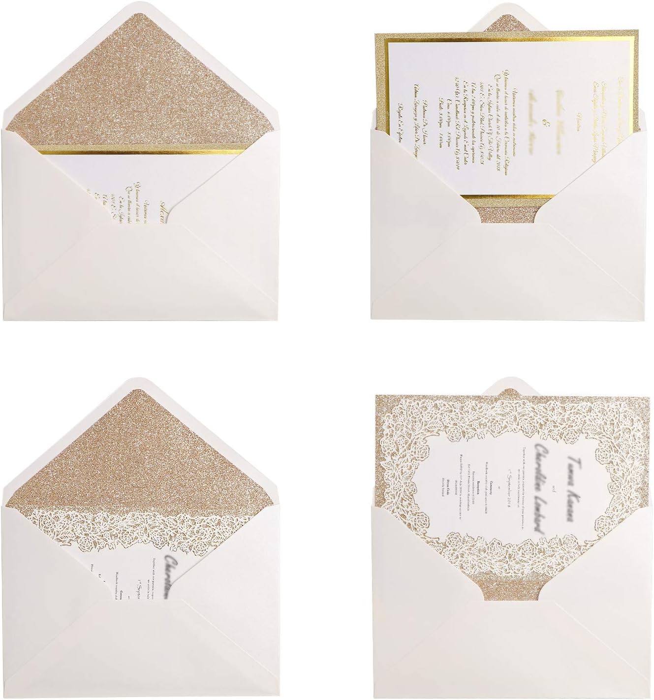 PONATIA 50 Pcs A7 Shiny Ivory & Gold Glitter Liner Envelopes for 5x7 Weddings Invitation Cards