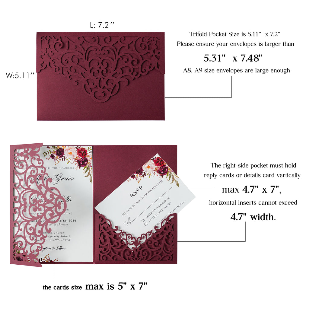 PONATIA  20PCS Burgundy Laser Cut Wedding Invitations Pockets