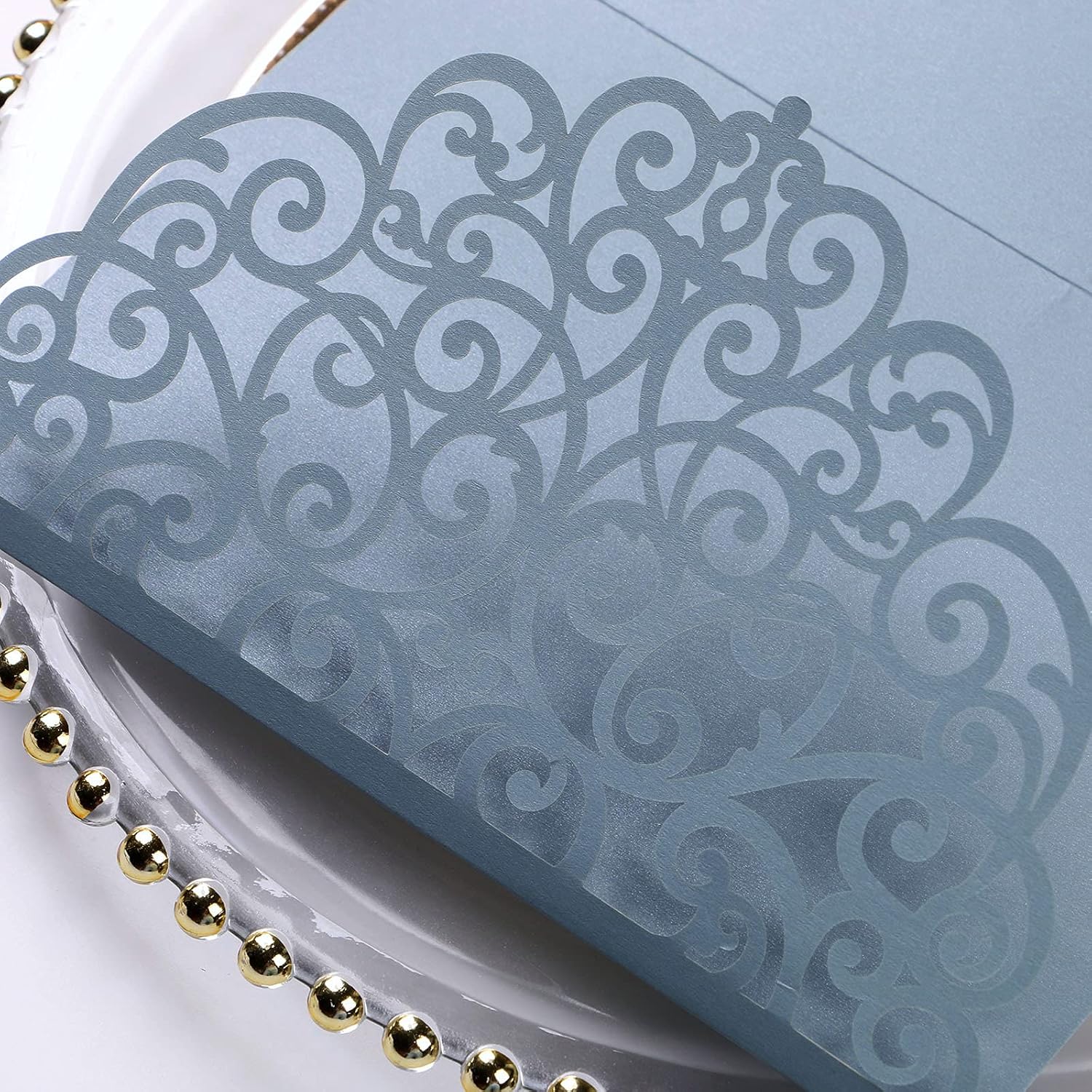 PONATIA 20 Pcs Dusty Blue Tri-Fold  Laser Cut Wedding Invitation Pockets with Envelopes for Wedding