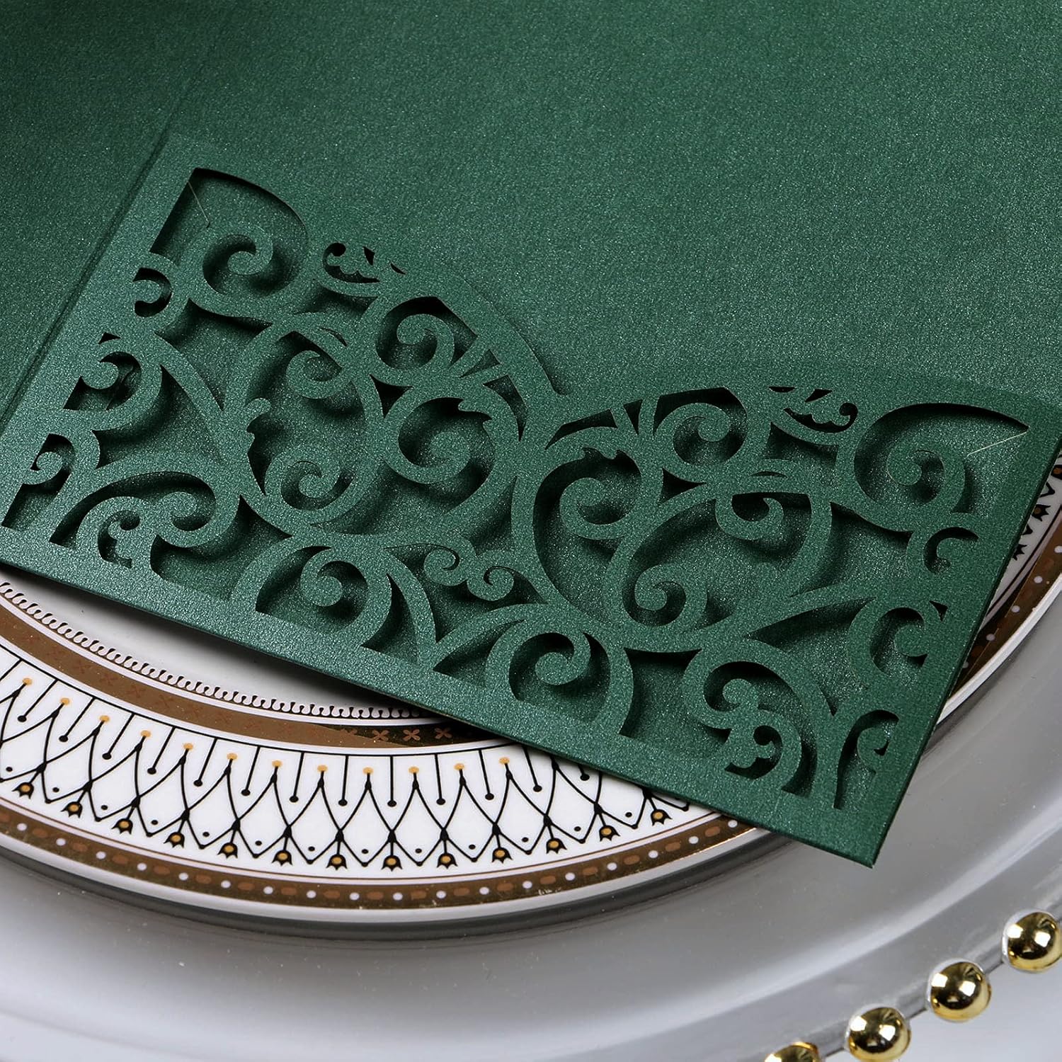 PONATIA 20 Pcs Emerald Green Tri-Fold  Laser Cut Wedding Invitation Pockets with Envelopes for Wedding