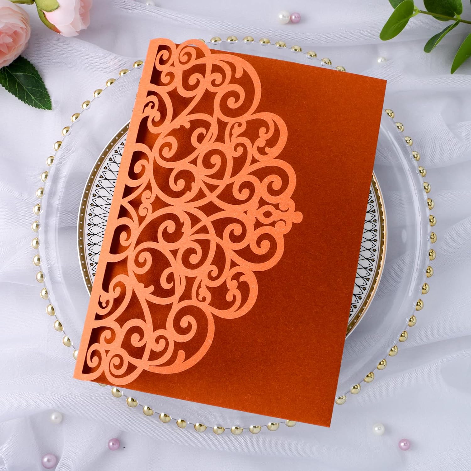 PONATIA 20 Pcs Burnt Orange Tri-Fold  Laser Cut Wedding Invitation Pockets with Envelopes for Wedding