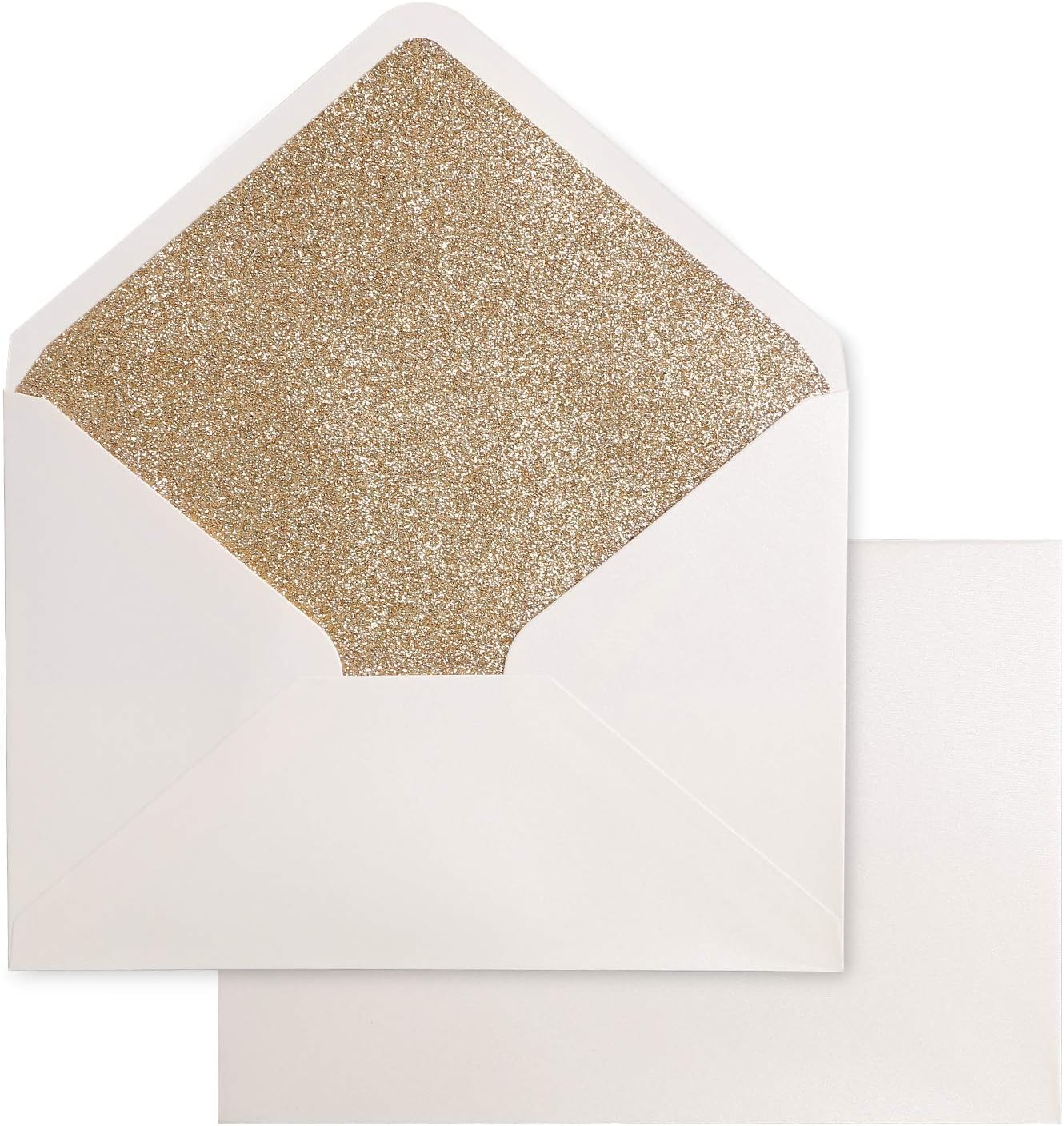 PONATIA 50 Pcs A7 Shiny Ivory & Gold Glitter Liner Envelopes for 5x7 Weddings Invitation Cards