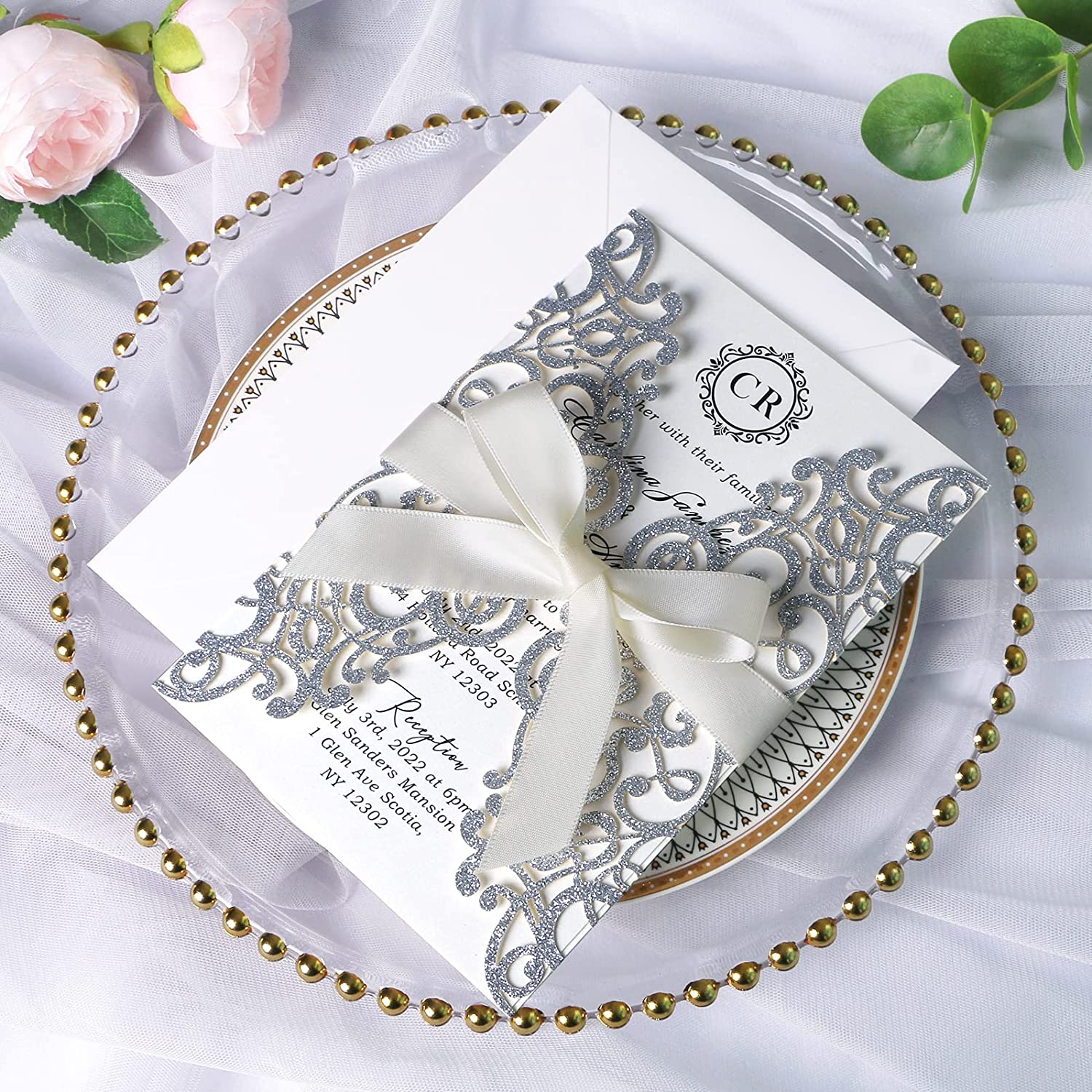 PONATIA Sliver Glitter Laser Cut Wedding Invitations Cards with Ivory Bow-knot