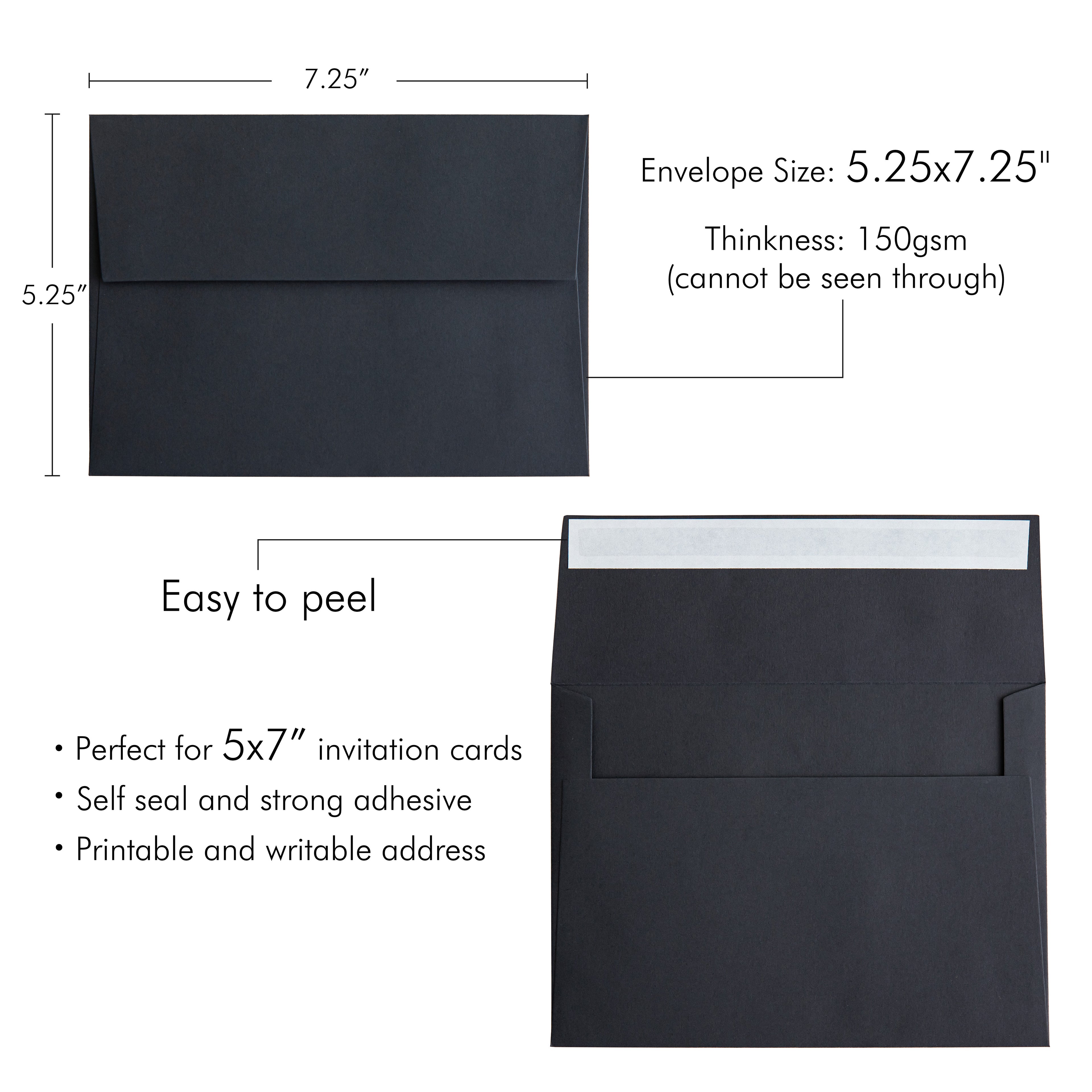 PONATIA 50 Pieces 5x7 Black Envelopes, A7 Envelopes Self Seal for Weddings, Invitation Cards