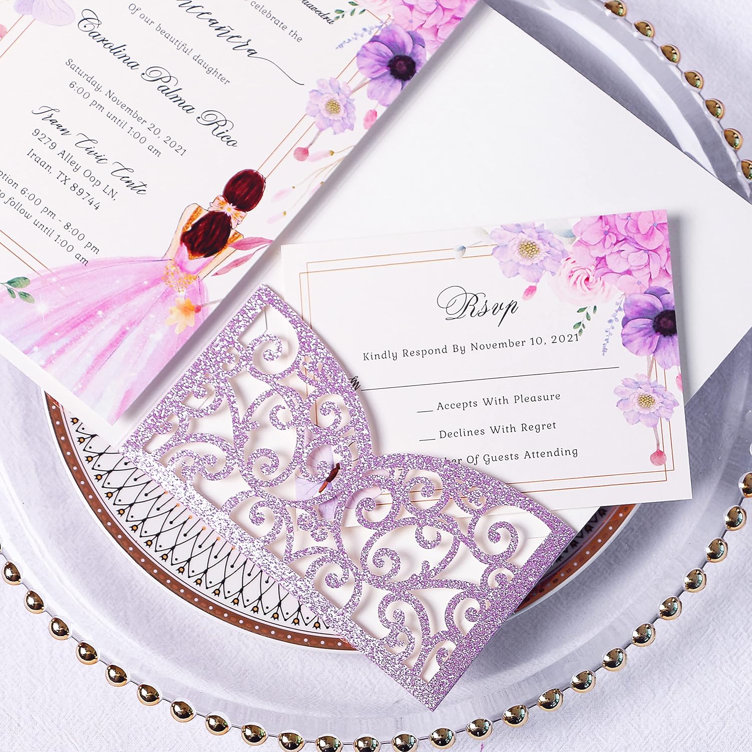 PONATIA 20 Pcs Purple Glitter Tri-Fold  Laser Cut Wedding Invitation Pockets with Envelopes for Wedding