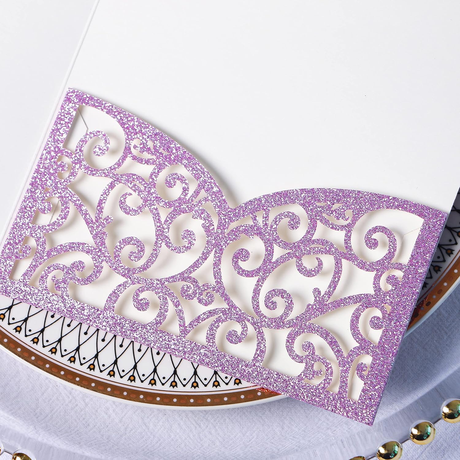 PONATIA 20 Pcs Purple Glitter Tri-Fold  Laser Cut Wedding Invitation Pockets with Envelopes for Wedding