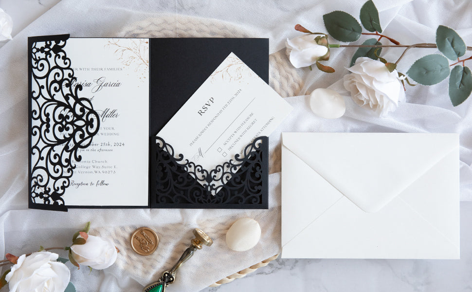 PONATIA  20PCS Black Laser Cut Wedding Invitations Pockets