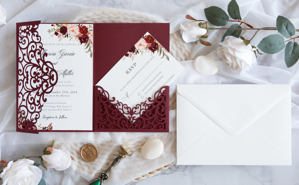 PONATIA  20PCS Burgundy Laser Cut Wedding Invitations Pockets