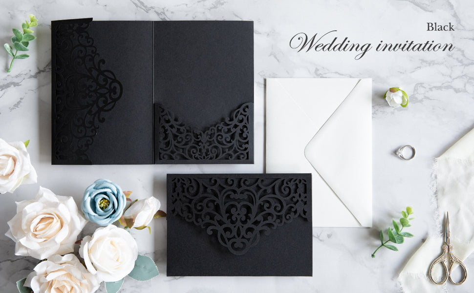 PONATIA  20PCS Black Laser Cut Wedding Invitations Pockets