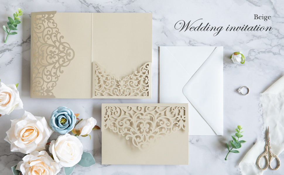 PONATIA  20PCS Beige Laser Cut Wedding Invitations Pockets