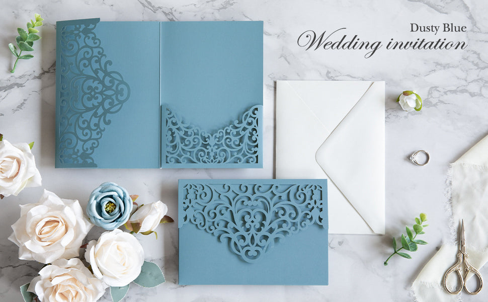 PONATIA  20PCS Dusty Blue Laser Cut Wedding Invitations Pockets