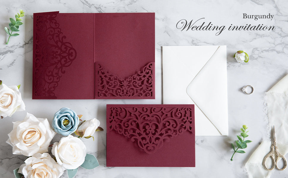 PONATIA  20PCS Burgundy Laser Cut Wedding Invitations Pockets