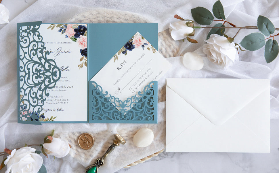 PONATIA  20PCS Dusty Blue Laser Cut Wedding Invitations Pockets