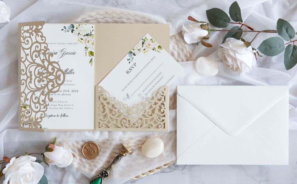 PONATIA  20PCS Beige Laser Cut Wedding Invitations Pockets