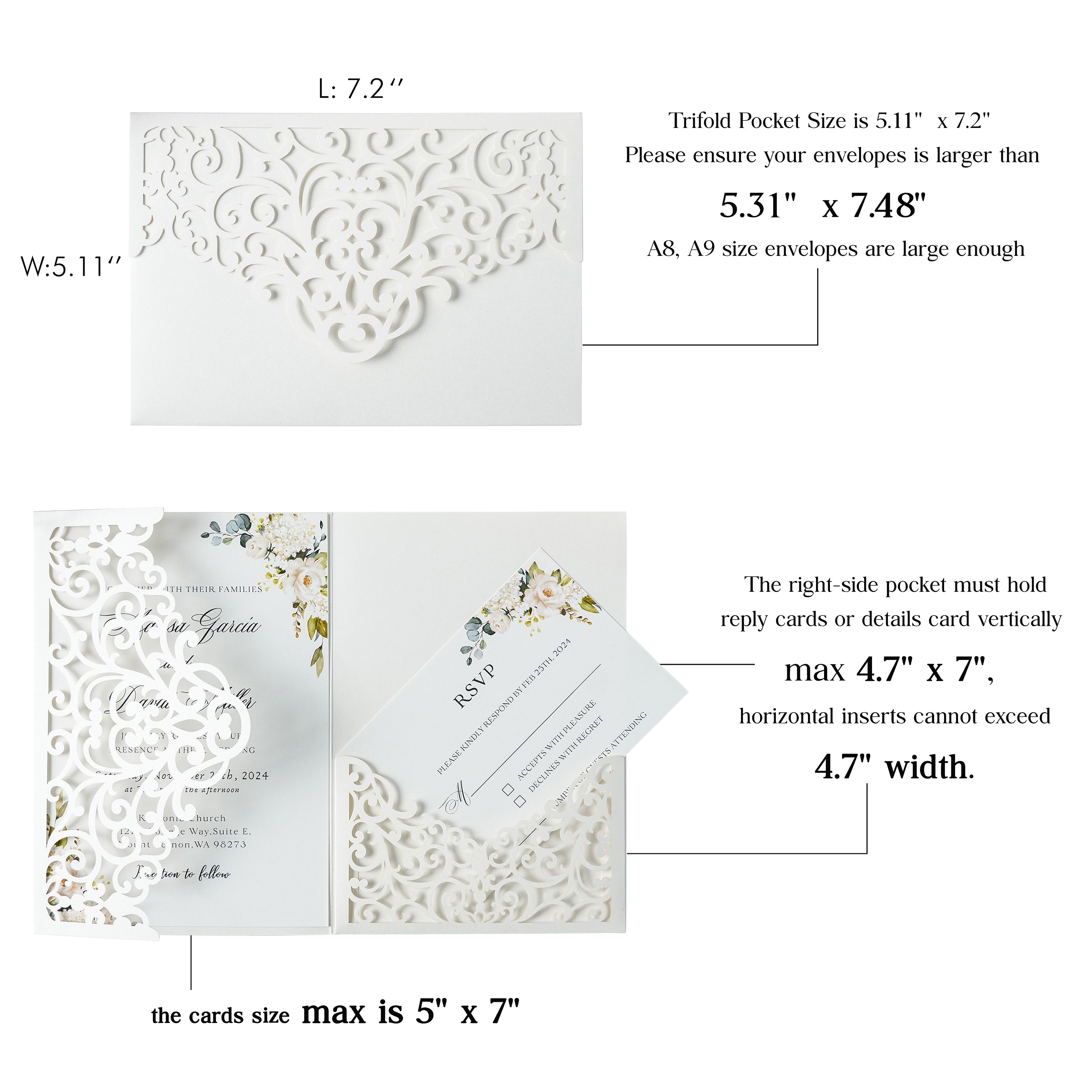 PONATIA  20PCS Ivory Laser Cut Wedding Invitations Pockets