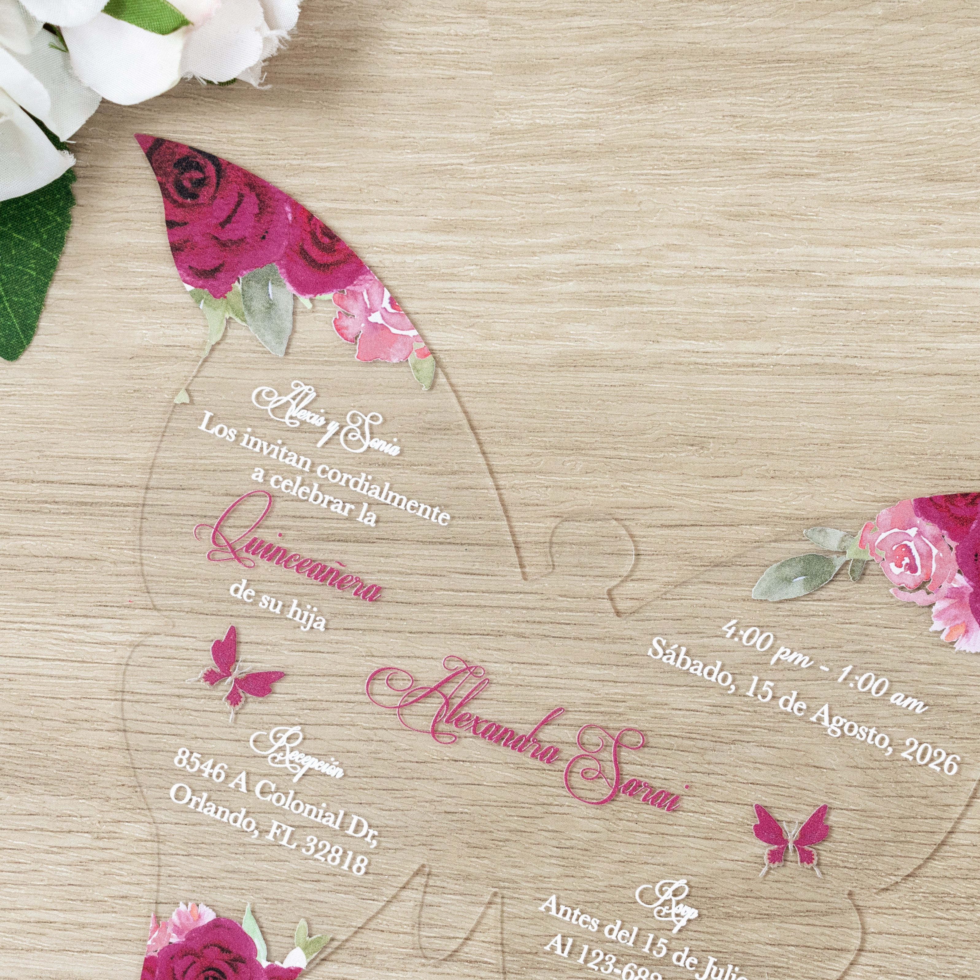 PONATIA 1mm/0.04" Fuchsia Butterfly Clear Acrylic Quinceanera Invitation Card with Envelopes