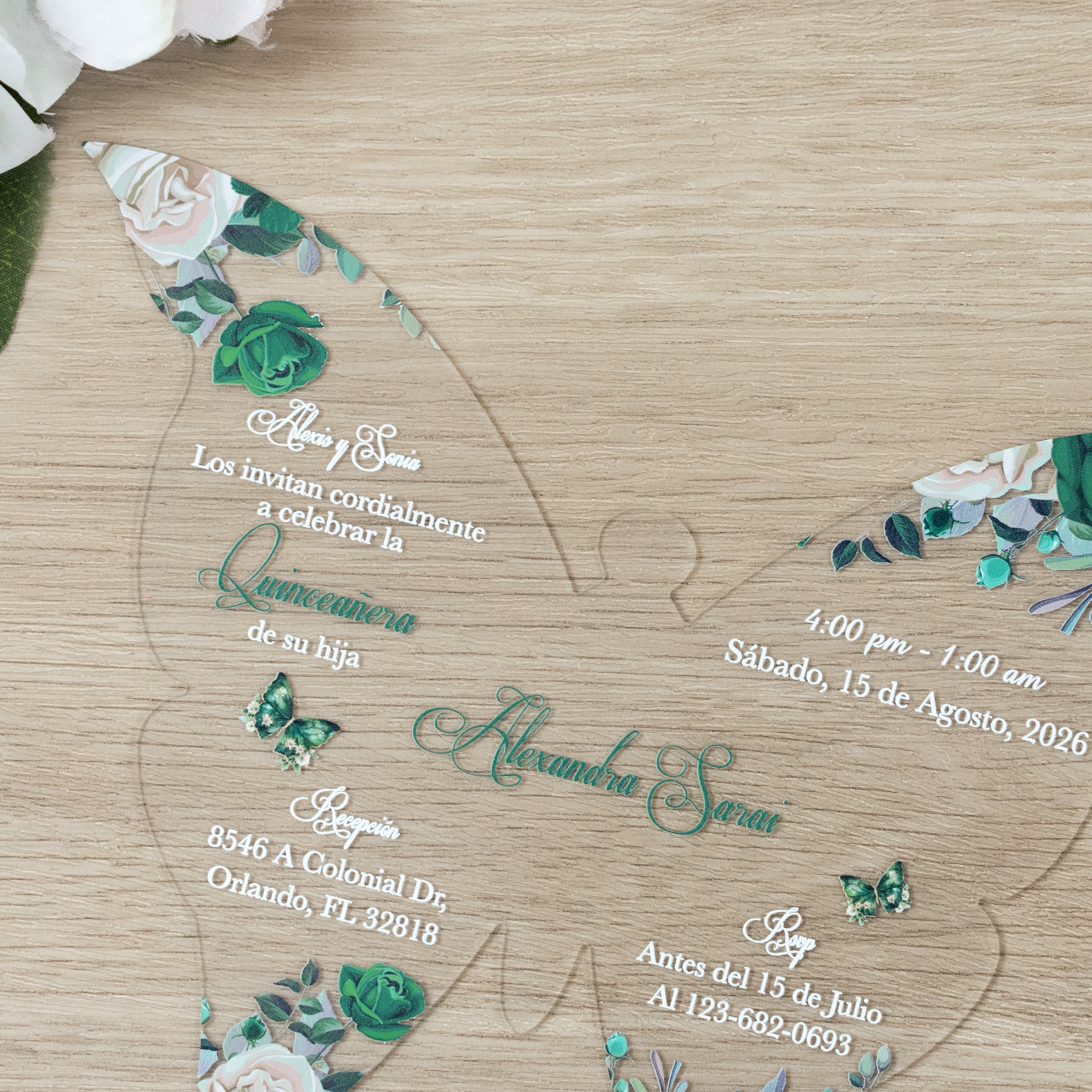PONATIA 1mm/0.04" Emerald Green Butterfly Clear Acrylic Quinceanera Invitation Card with Envelopes