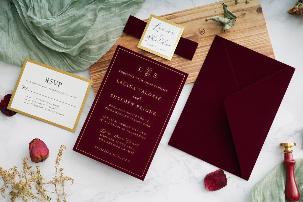 PONATIA  Burgundy Gold Foil Print Velvet Wedding Invitation Cards with Envelopes