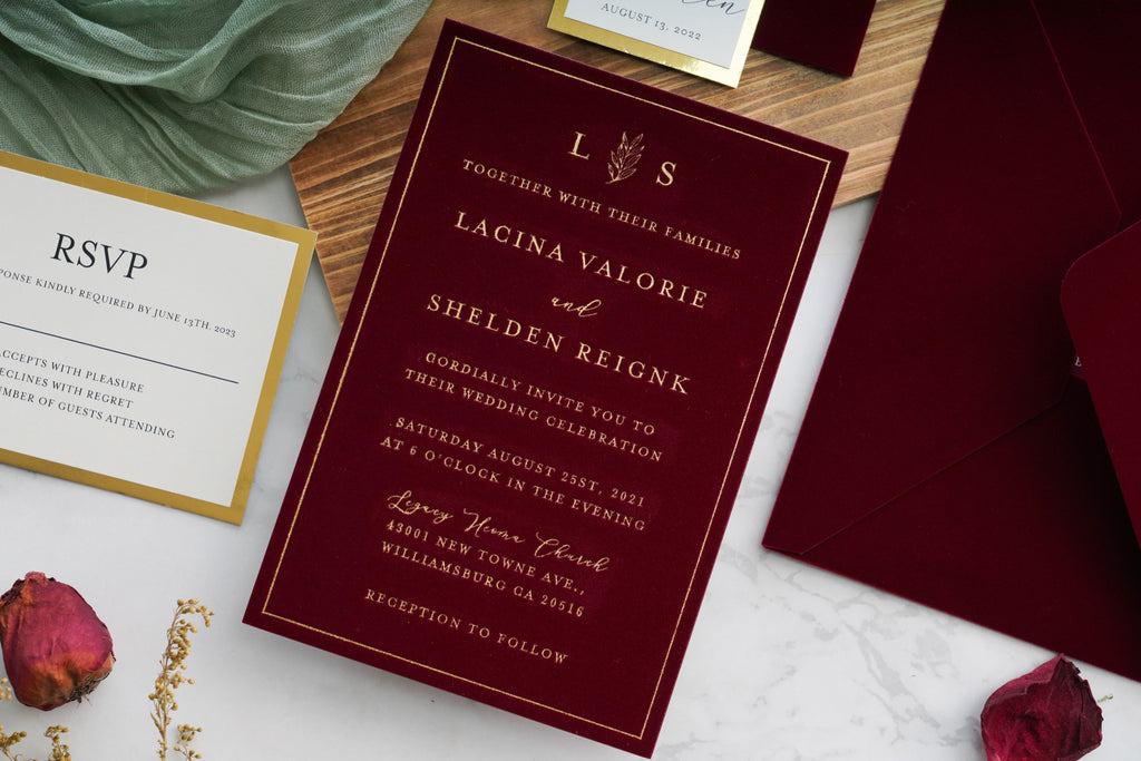 PONATIA  Burgundy Gold Foil Print Velvet Wedding Invitation Cards with Envelopes