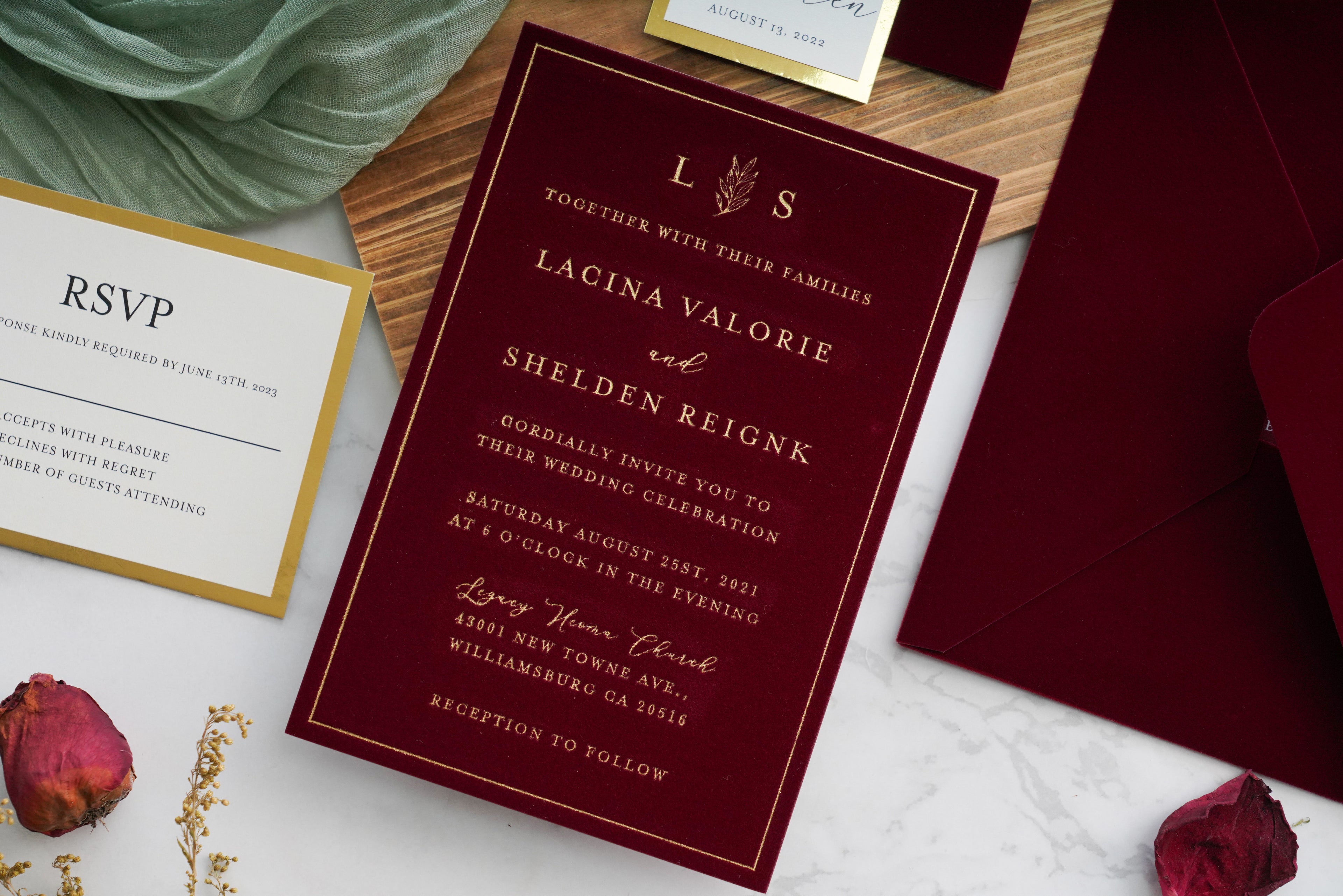 PONATIA  Burgundy Gold Foil Print Velvet Wedding Invitation Cards with Envelopes