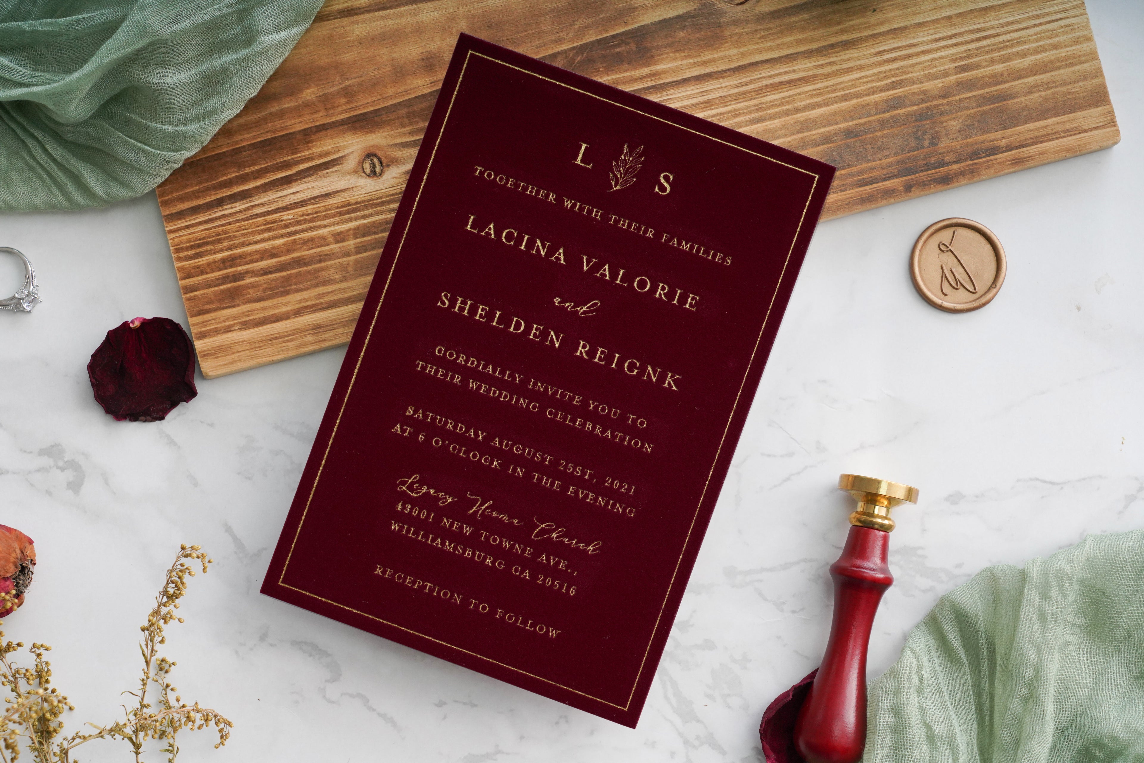 PONATIA  Burgundy Gold Foil Print Velvet Wedding Invitation Cards with Envelopes