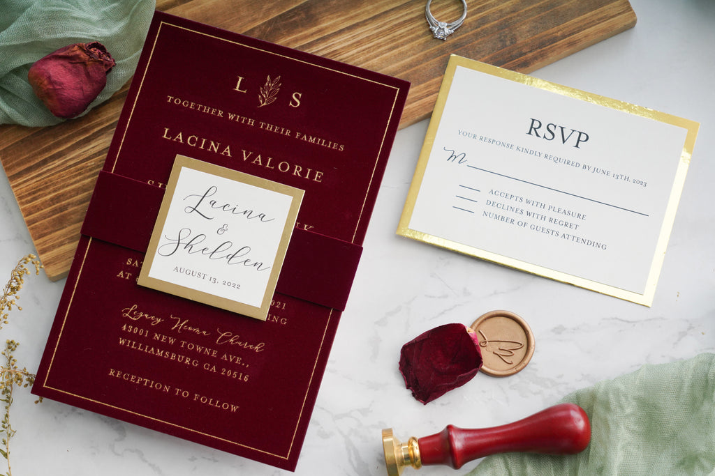PONATIA  Burgundy Gold Foil Print Velvet Wedding Invitation Cards with Envelopes
