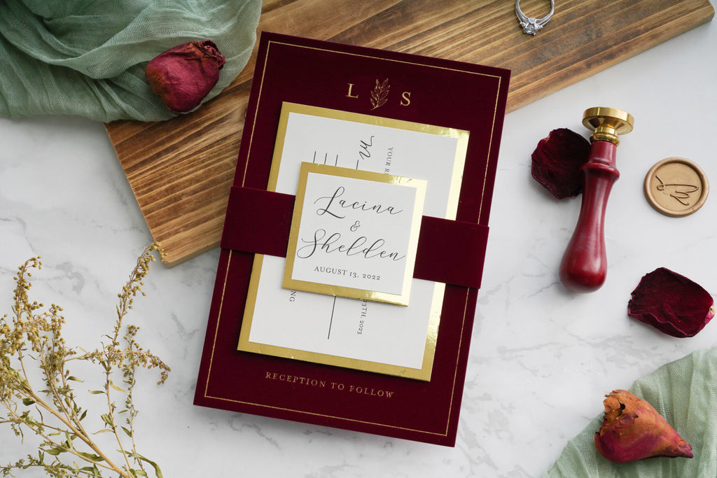 PONATIA  Burgundy Gold Foil Print Velvet Wedding Invitation Cards with Envelopes