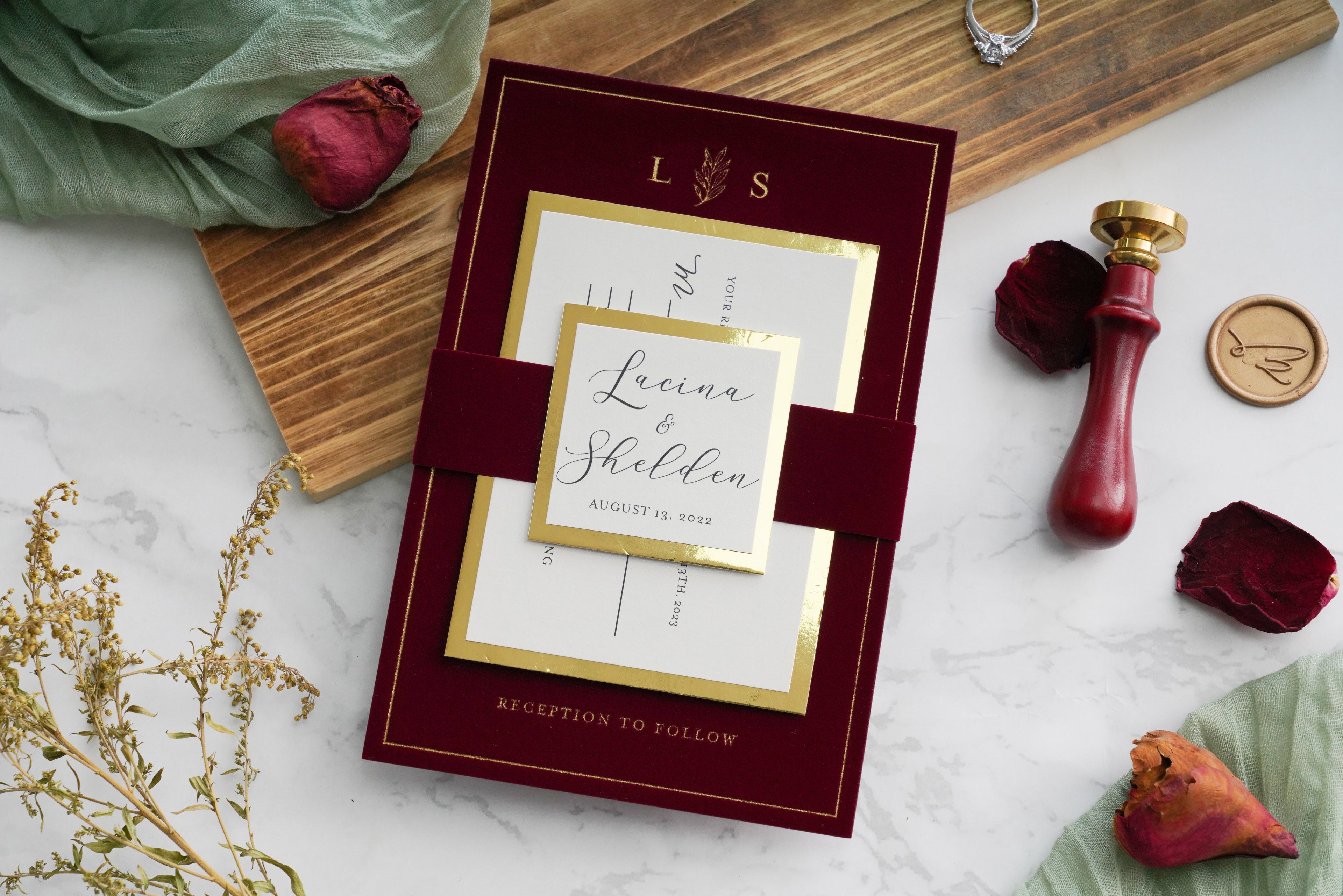 PONATIA  Burgundy Gold Foil Print Velvet Wedding Invitation Cards with Envelopes