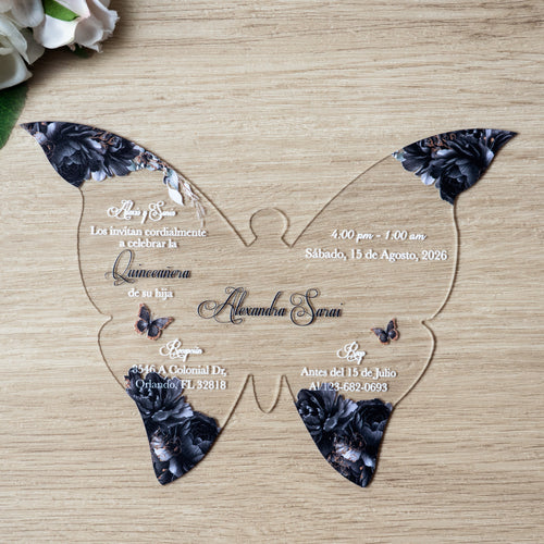PONATIA 1mm/0.04" Black Butterfly Clear Acrylic Quinceanera Invitation Card with Envelopes