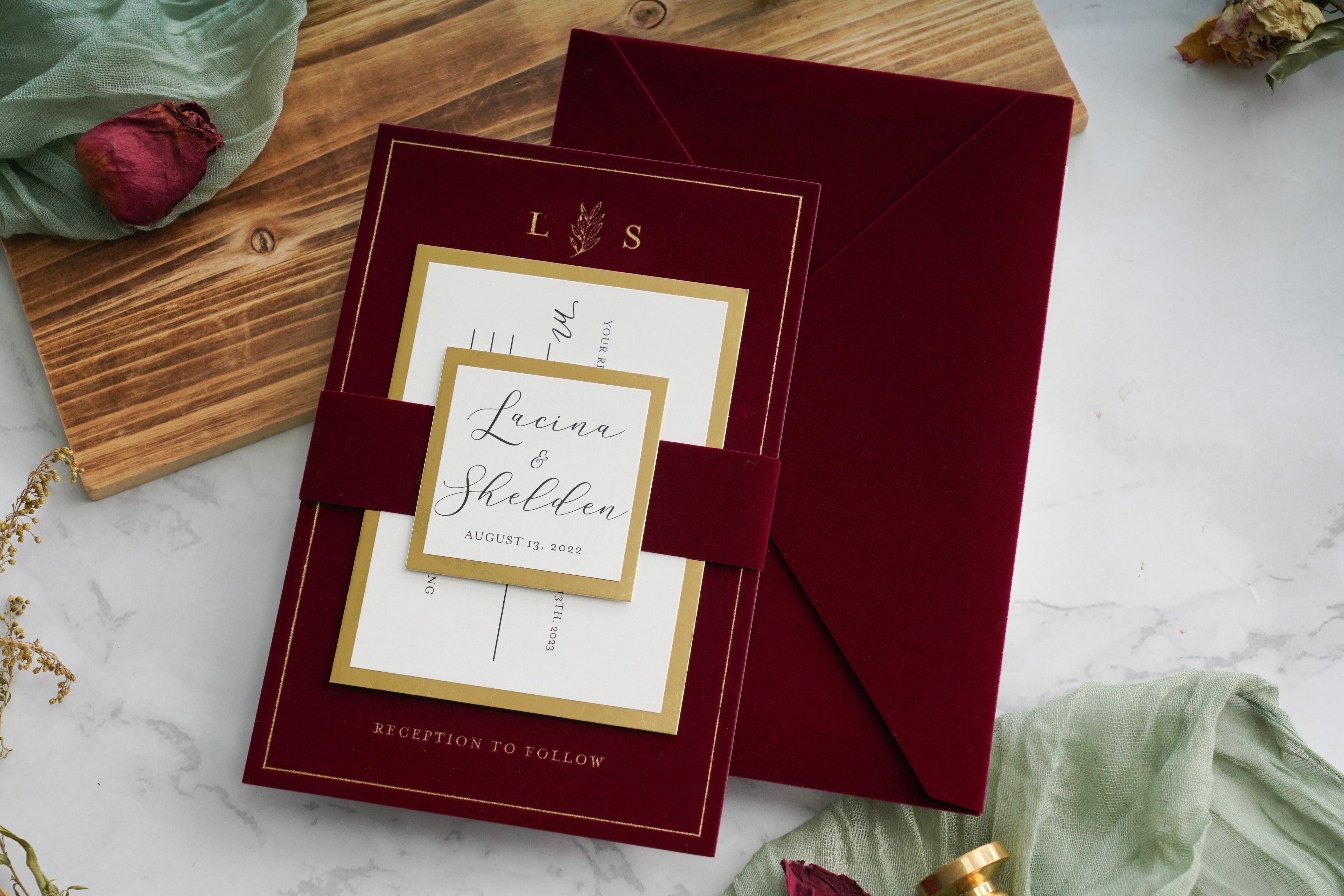PONATIA  Burgundy Gold Foil Print Velvet Wedding Invitation Cards with Envelopes