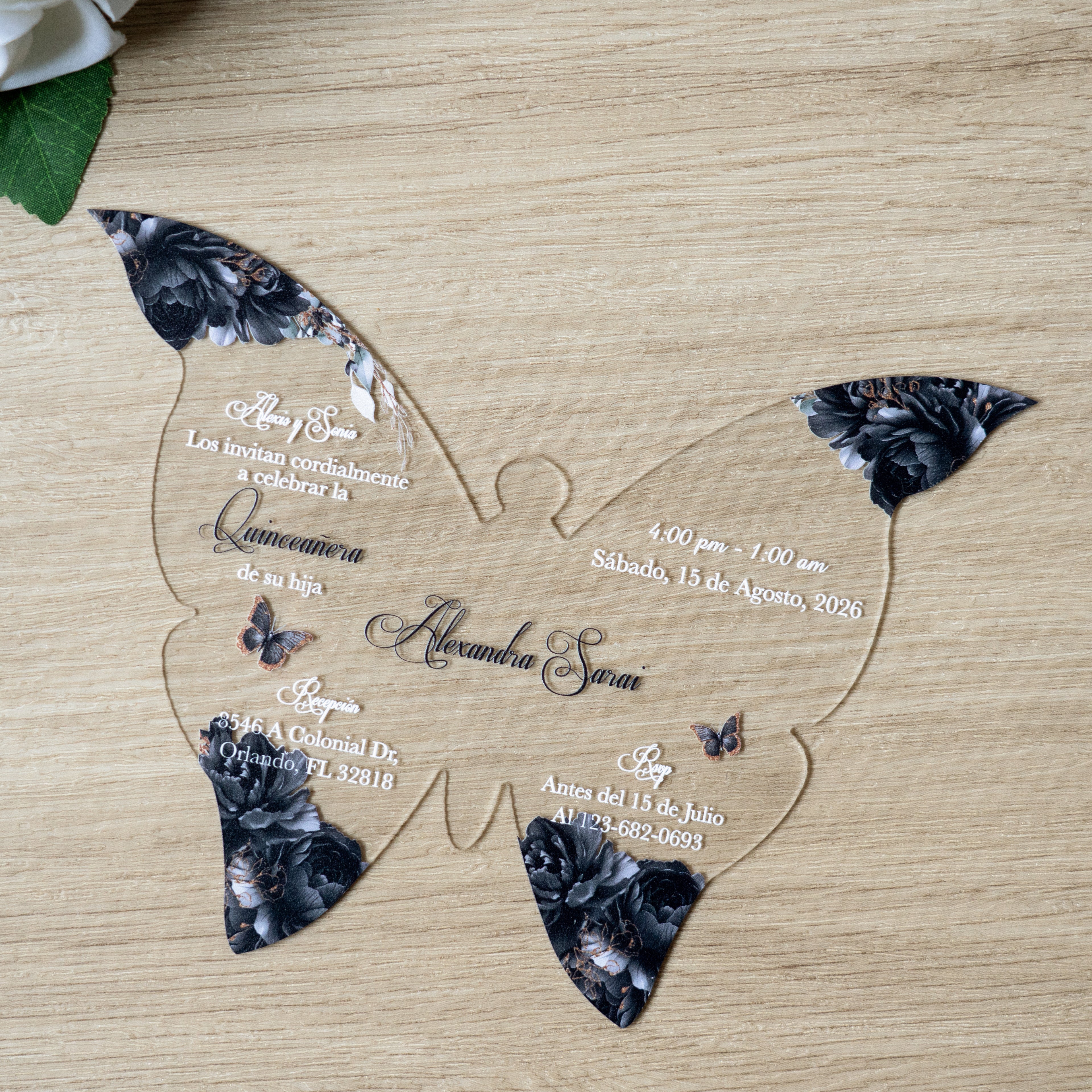 PONATIA 1mm/0.04" Black Butterfly Clear Acrylic Quinceanera Invitation Card with Envelopes