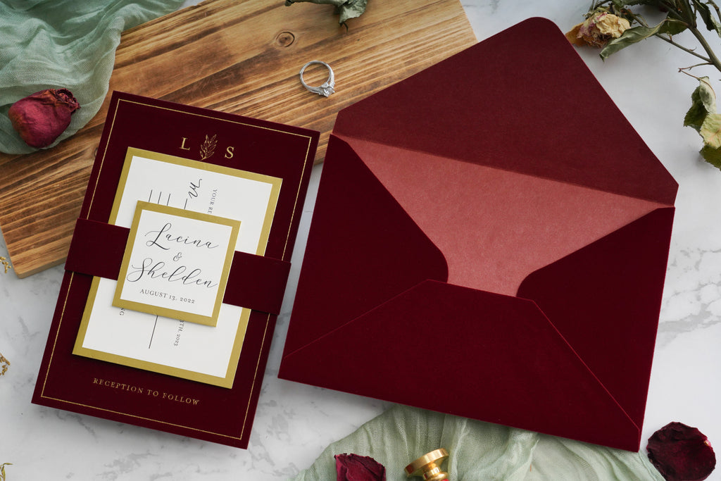 PONATIA  Burgundy Gold Foil Print Velvet Wedding Invitation Cards with Envelopes