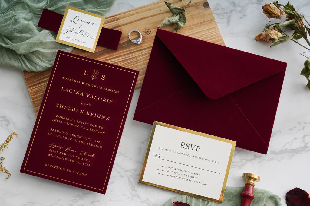 PONATIA  Burgundy Gold Foil Print Velvet Wedding Invitation Cards with Envelopes