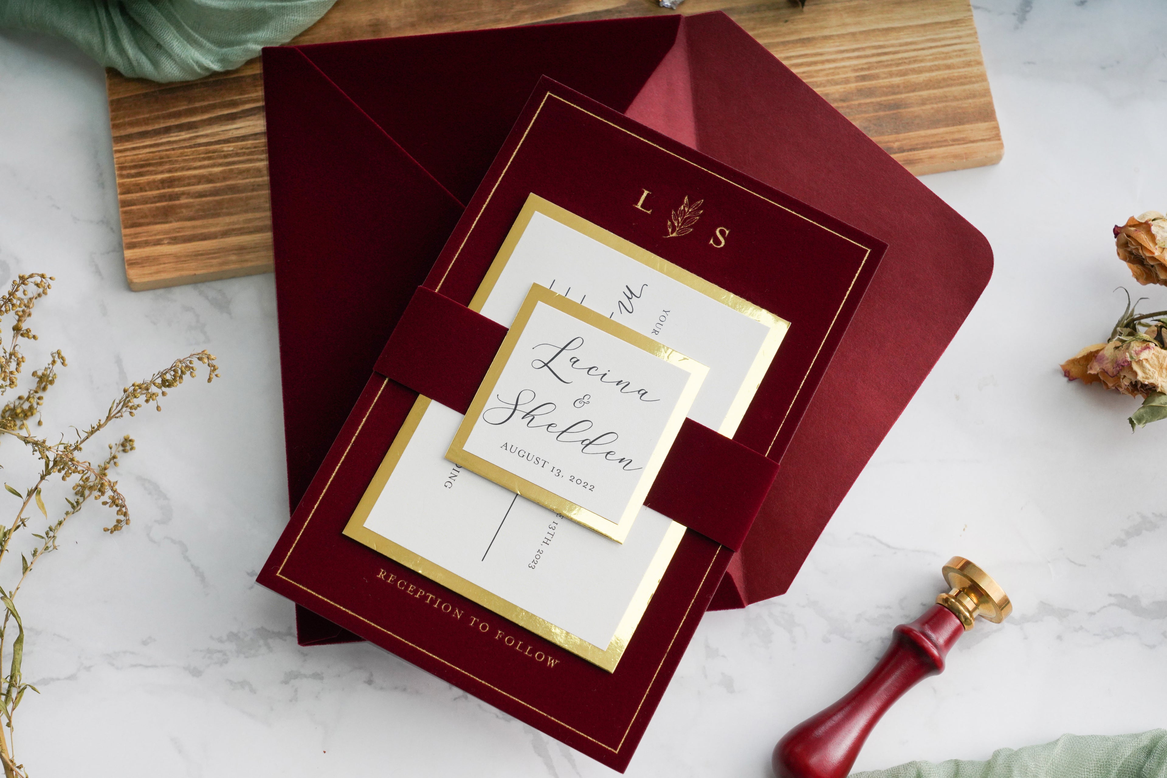 PONATIA  Burgundy Gold Foil Print Velvet Wedding Invitation Cards with Envelopes