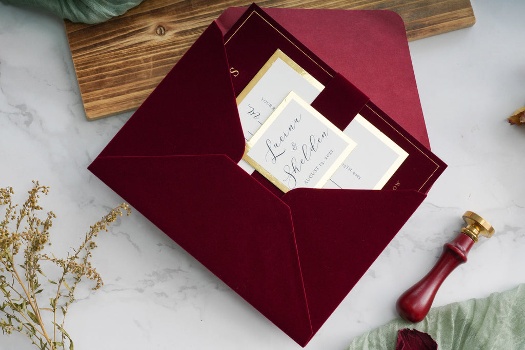 PONATIA  Burgundy Gold Foil Print Velvet Wedding Invitation Cards with Envelopes